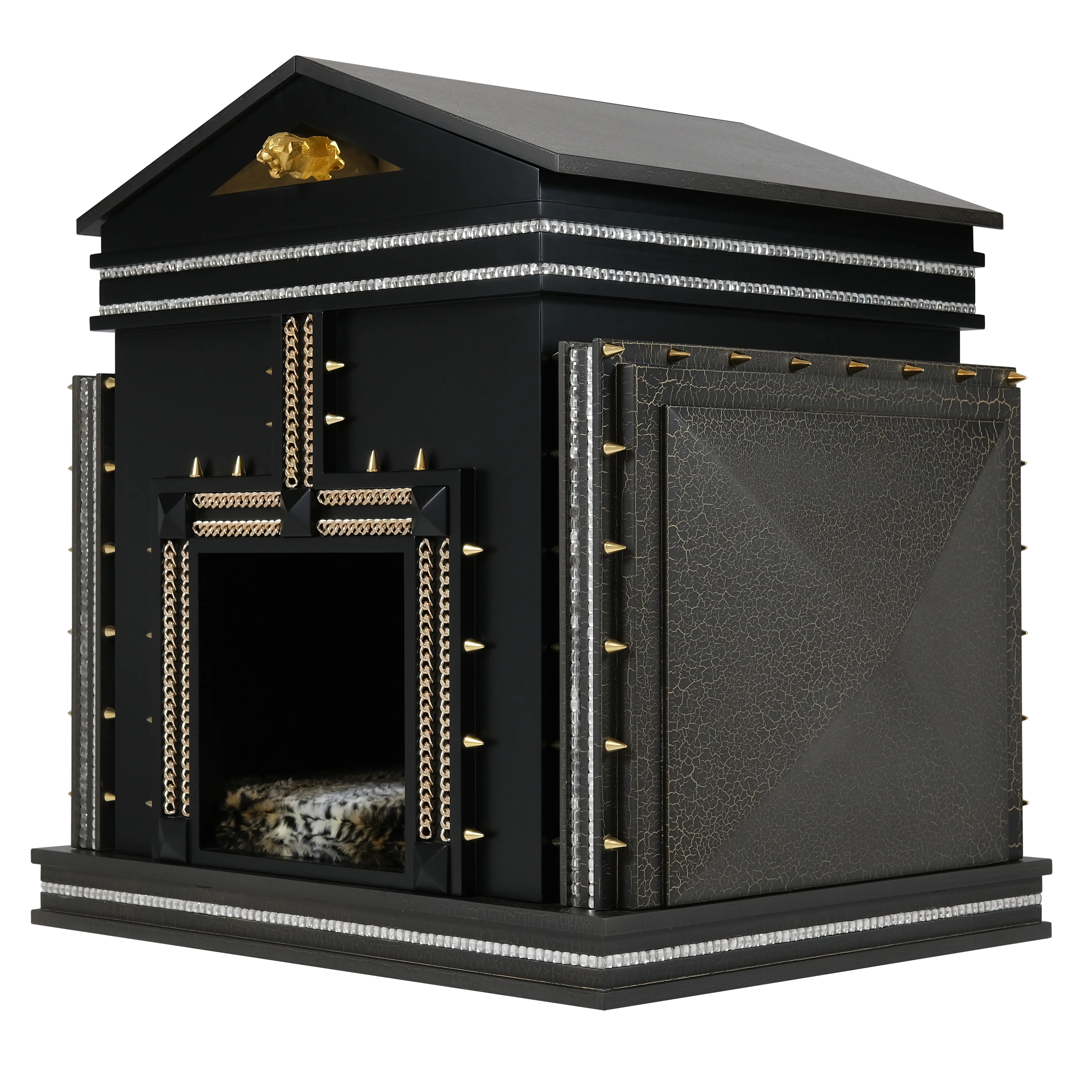 Pyramid side design and luxury plush bed inside a modern indoor dog kennel house.