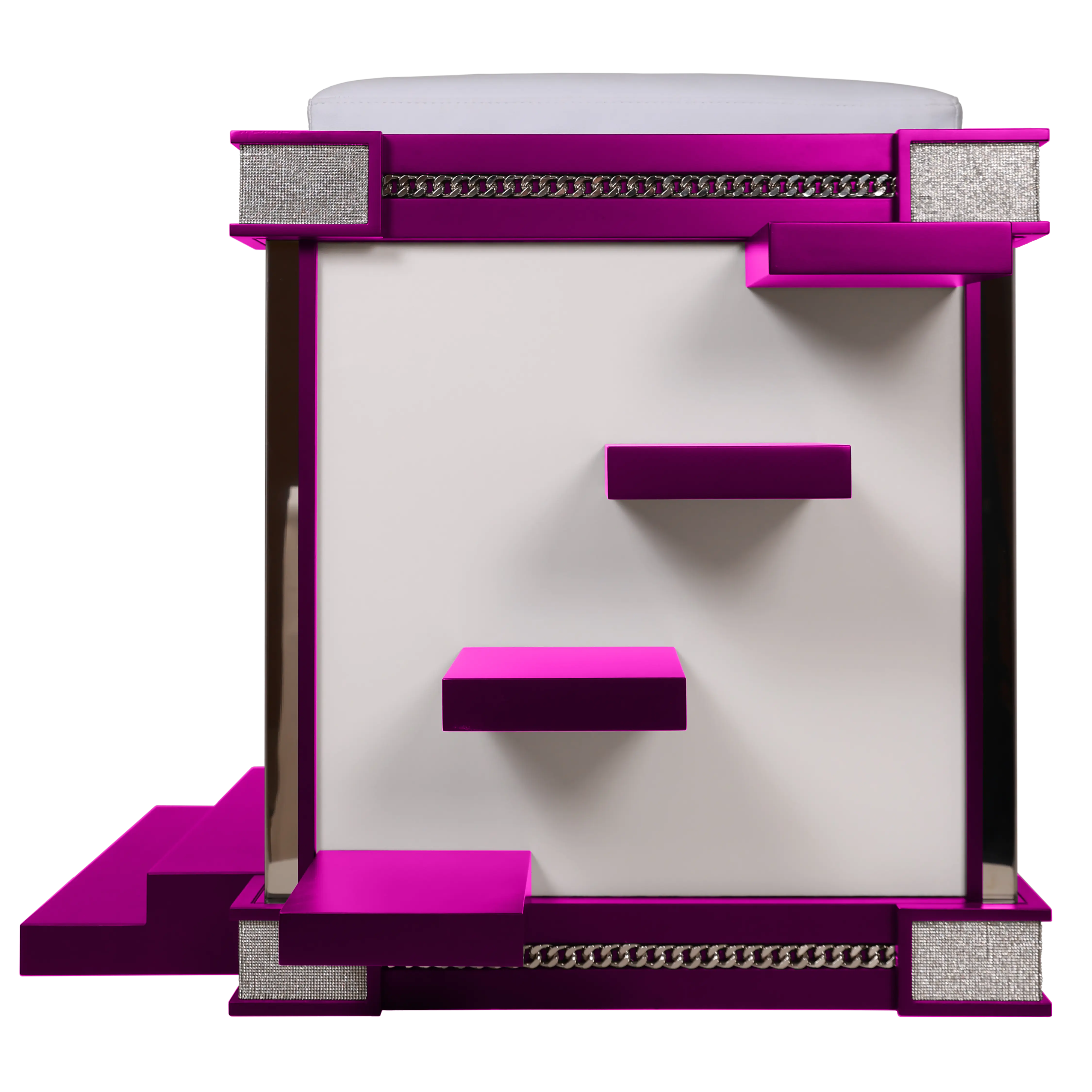 Bespoke architectural stairs on an ultra sleek indoor dog kennel house in fuchsia.