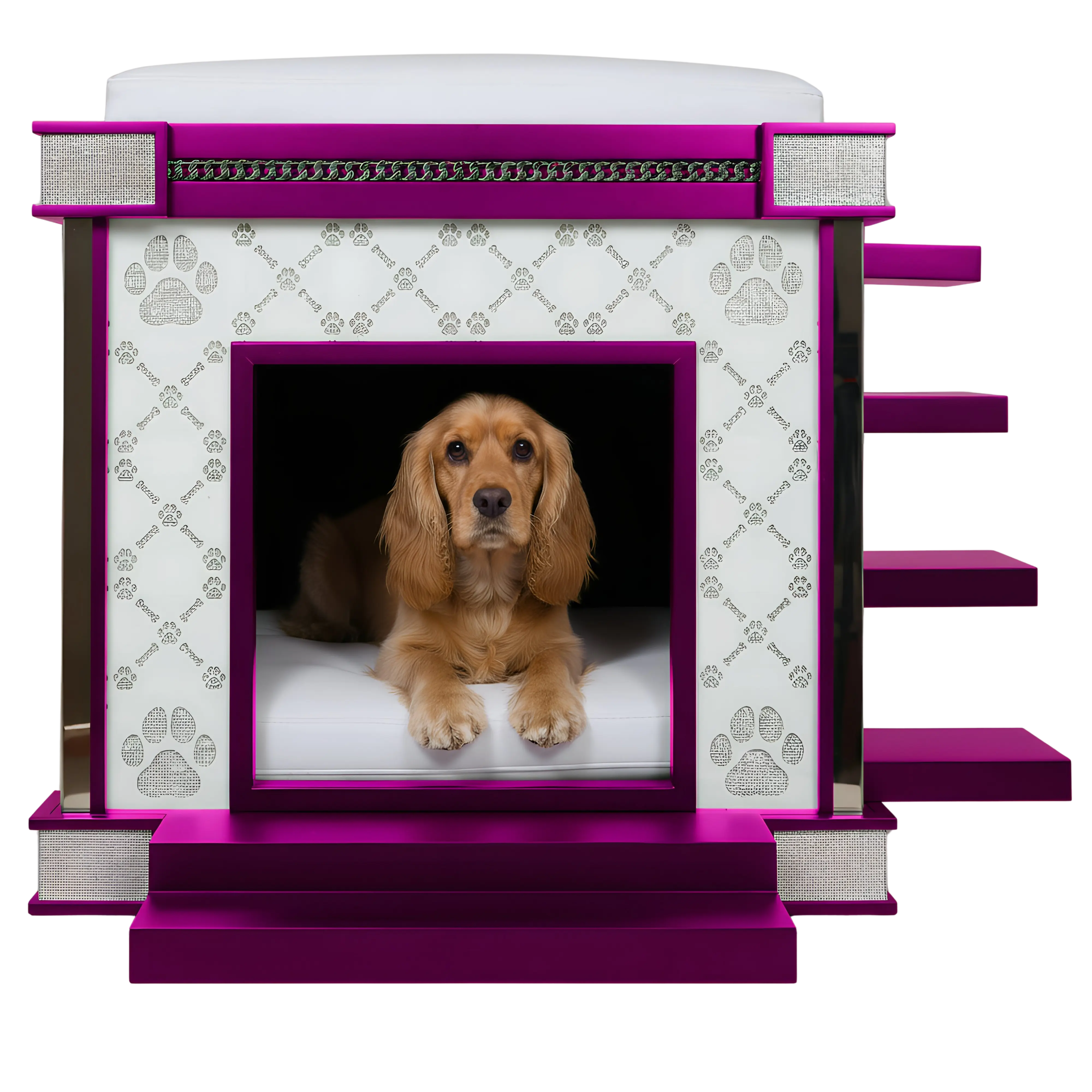 The Malibu Beverly Hills Medium indoor dog kennel house in a super glam fuchsia finish.