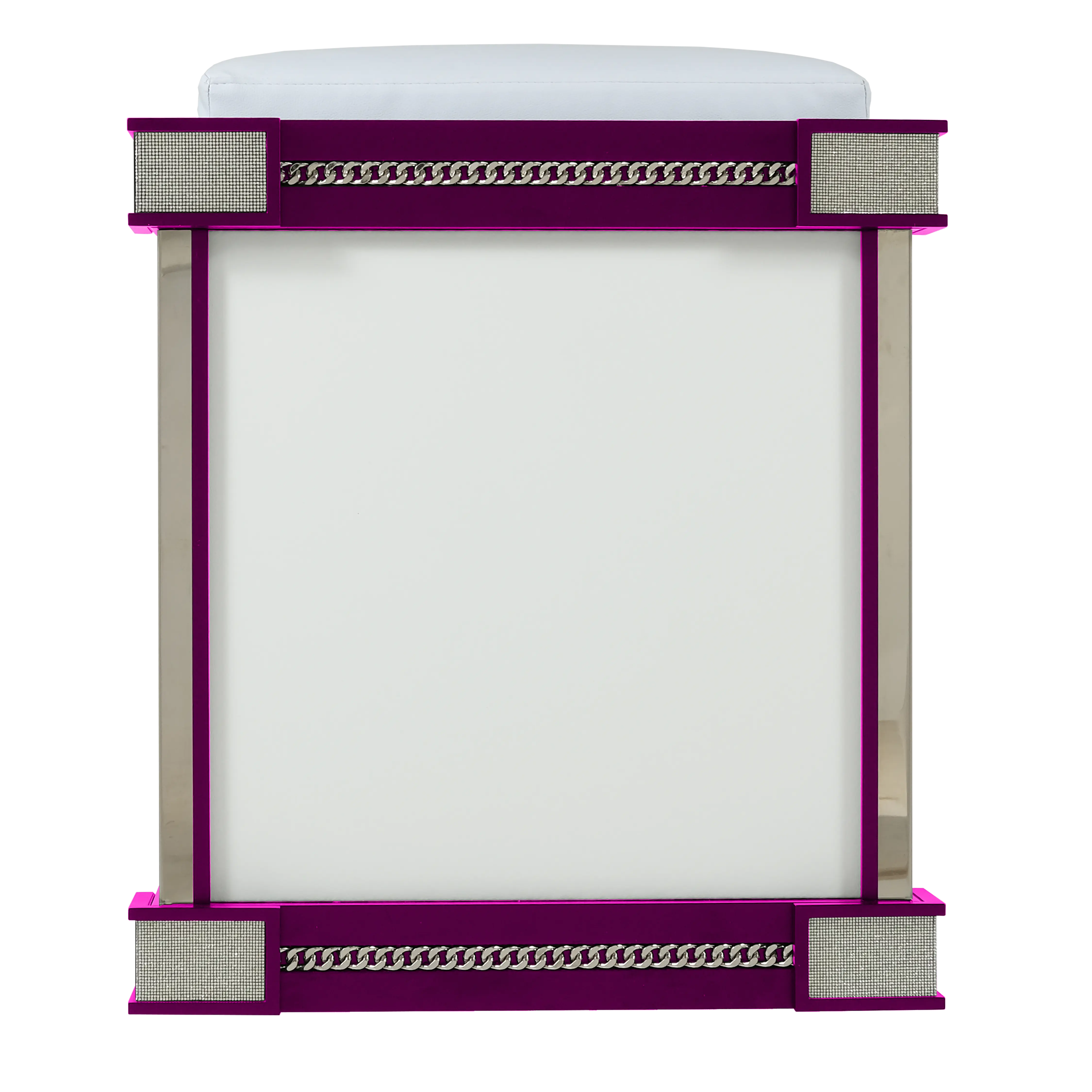 Luxury fuchsia leather-paneled walls inside an indoor dog kennel house for medium breeds.