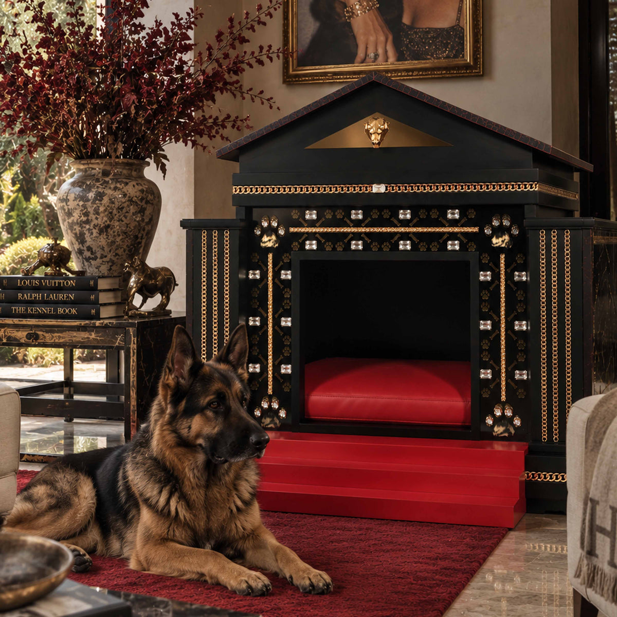 FUROAR luxury designer dog kennel in black, red and gold with crystal and chain detailing, styled in an elegant luxury interior with a large German Shepherd resting on a deep red carpet beside the kennel.