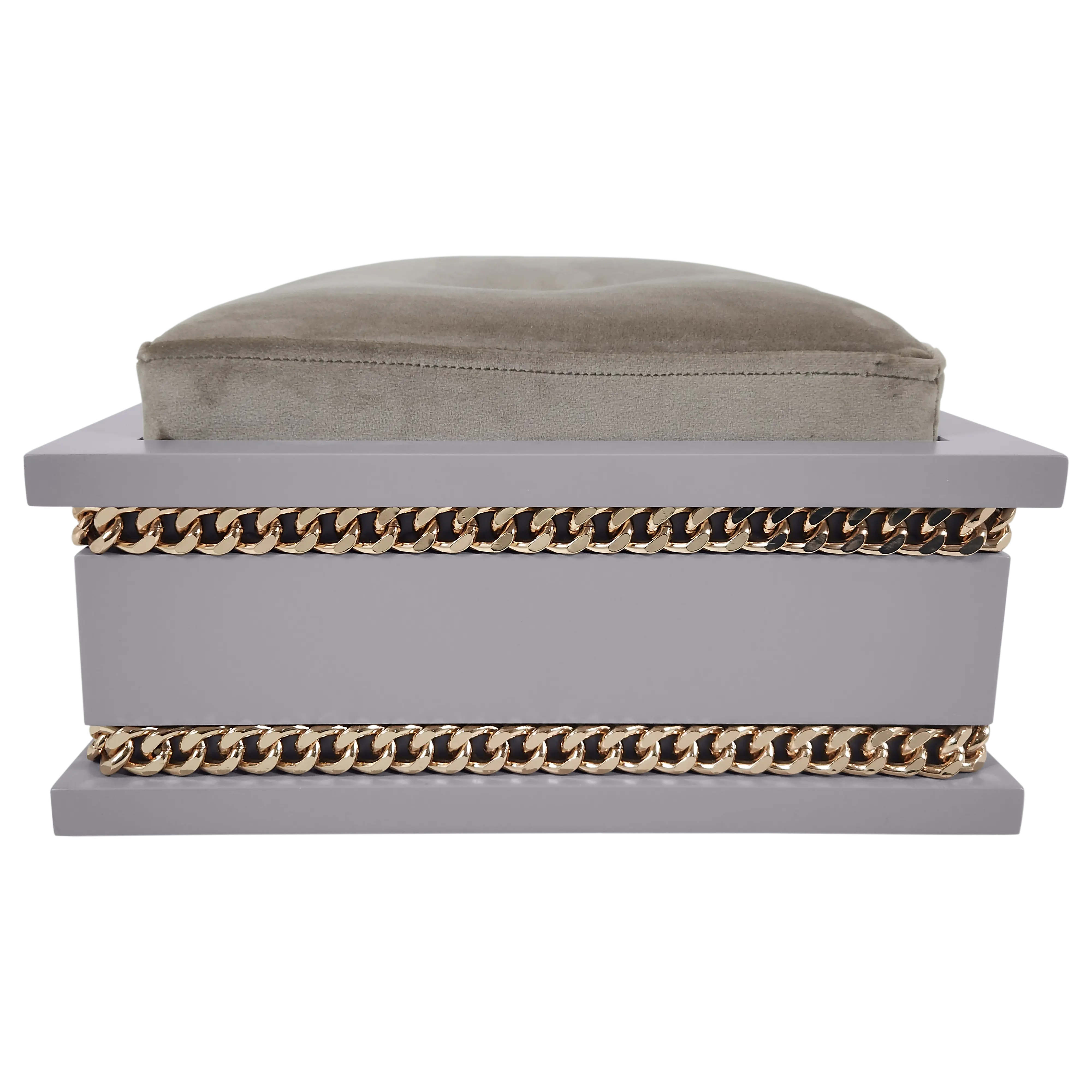 Back view of FUROAR Tom Medium designer pet bed highlighting the gold chain detailing