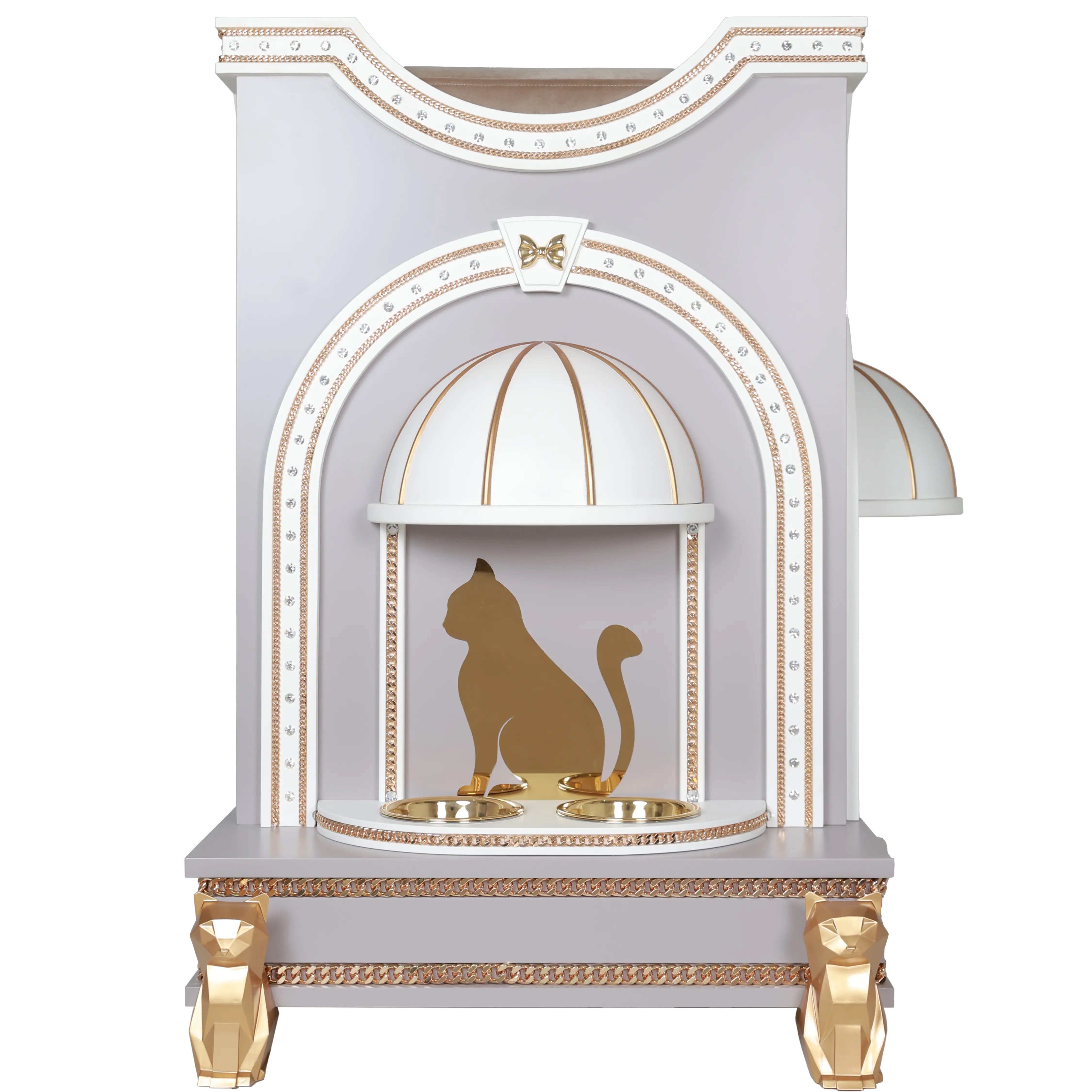 "The TOMMY cat house featuring an integrated feeding station, blending functional luxury into a bespoke architectural sanctuary."