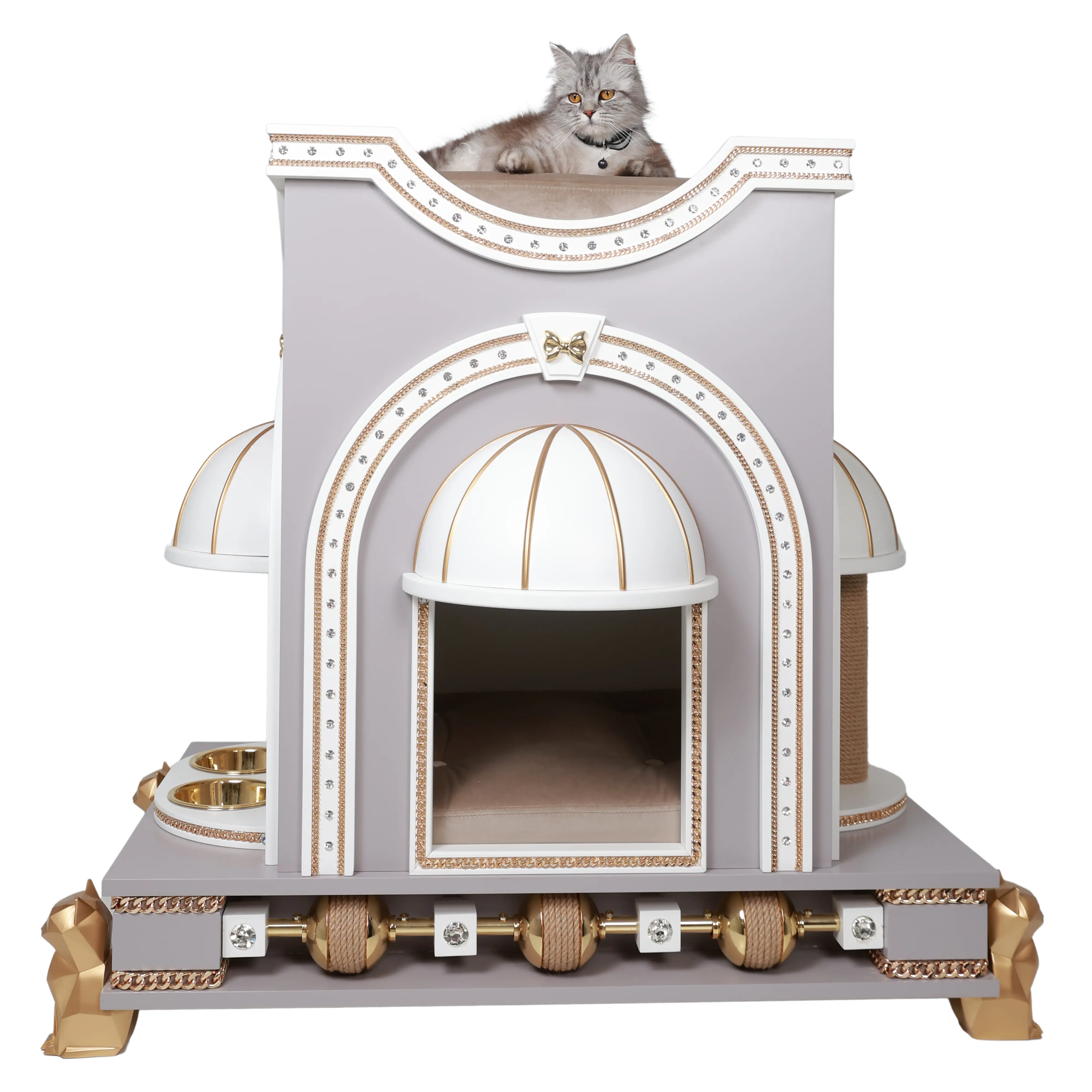 "A noble cat resting inside the TOMMY classic luxury cat house, a royal designer sanctuary blending refined modern elegance with a bold architectural silhouette."