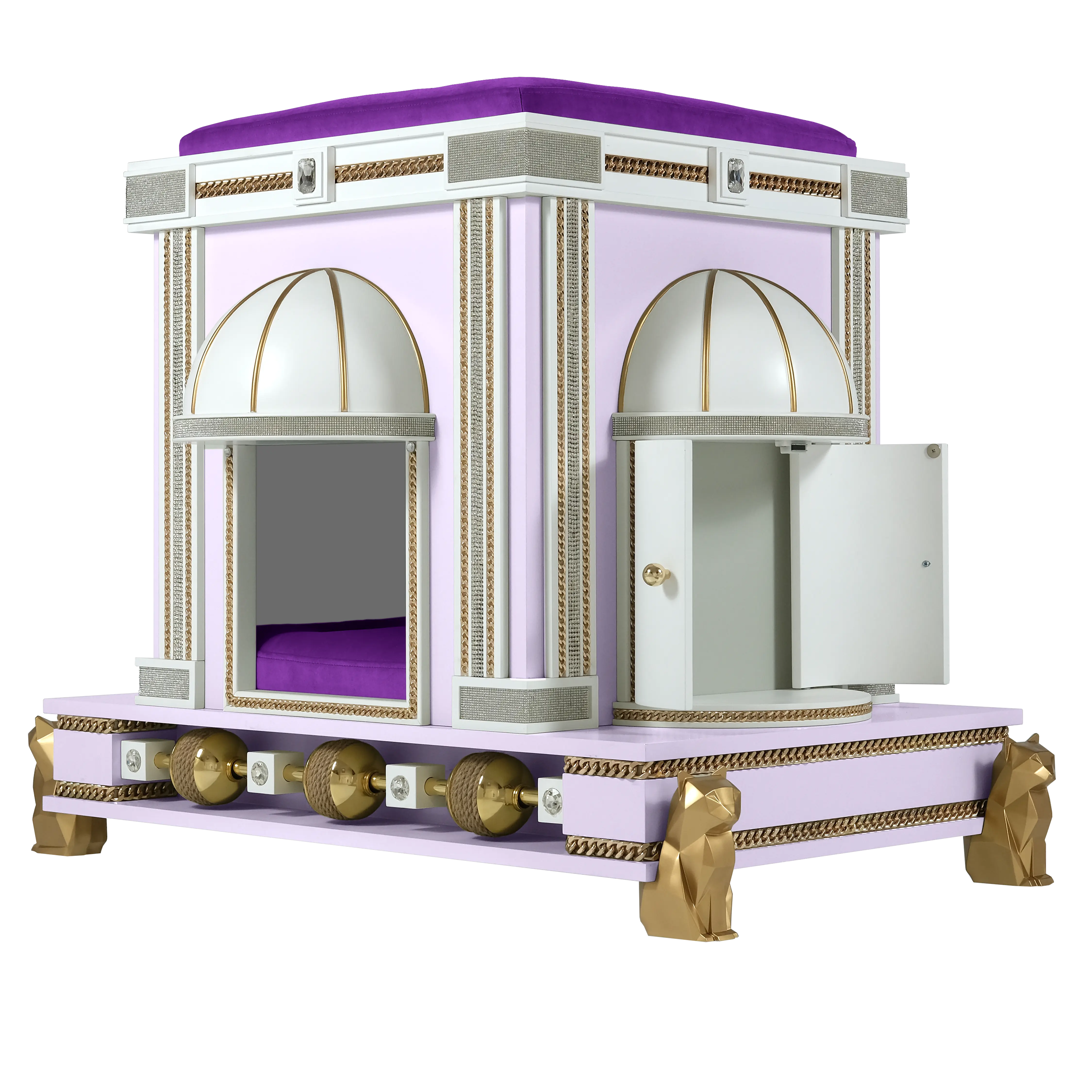 Close-up of the Veronika cat palace pet house featuring decorative gold rotating spheres and polished metallic finishes, and side closet.