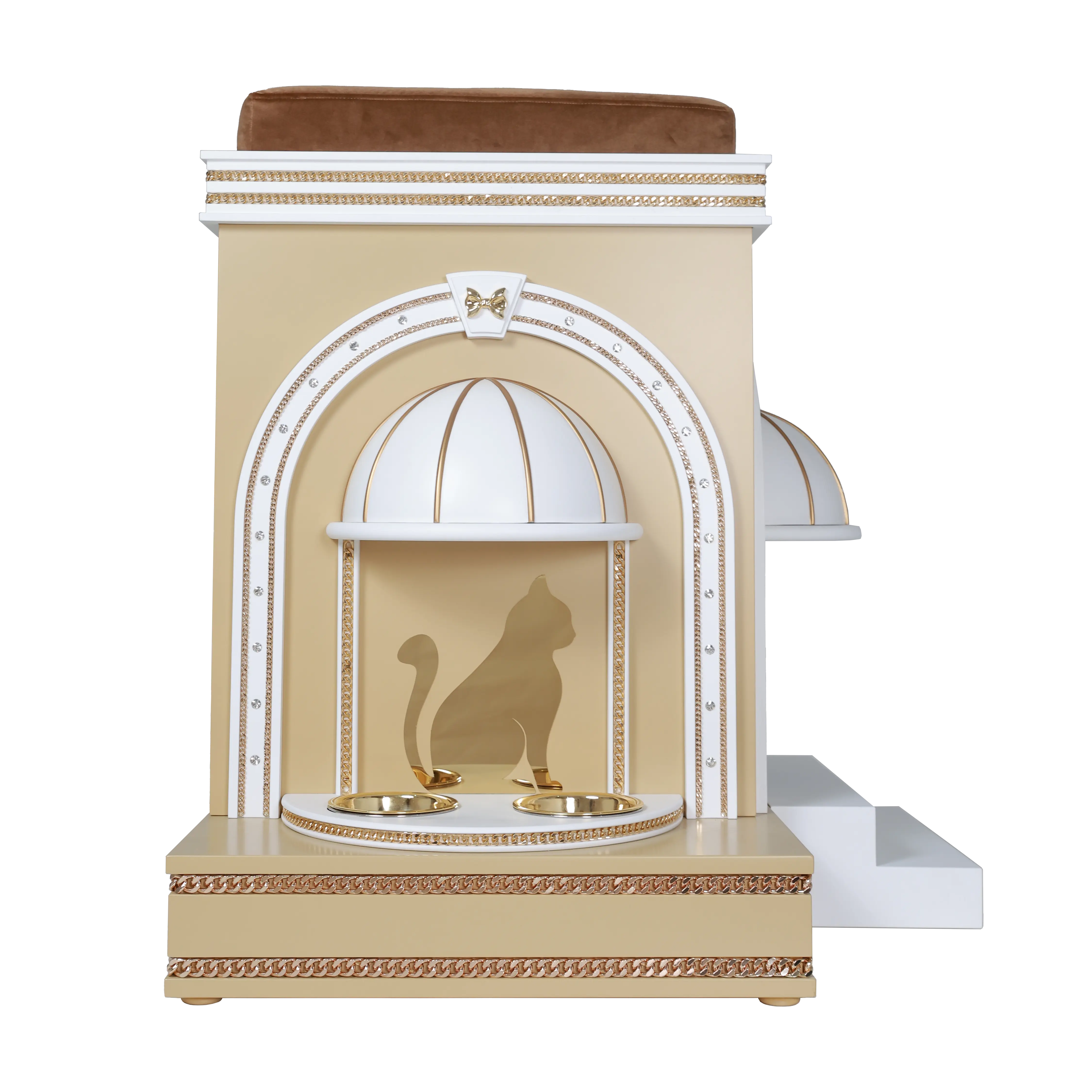 "The GINGER cat house featuring an integrated feeding station, blending functional designer luxury into a playful architectural sanctuary."