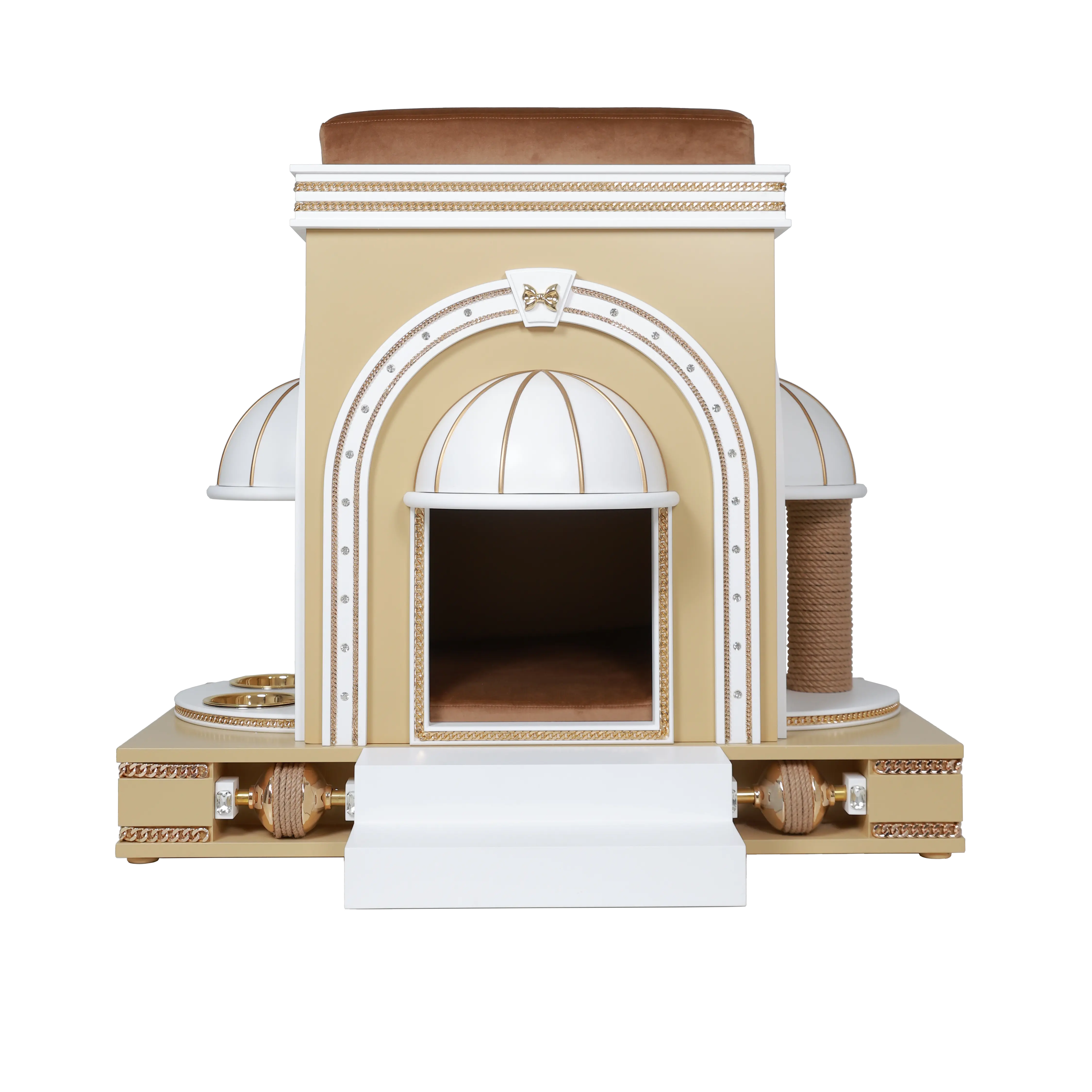 "Front view of the GINGER luxury cat house, showcasing the playful symmetry and elite designer craftsmanship for a noble companion."