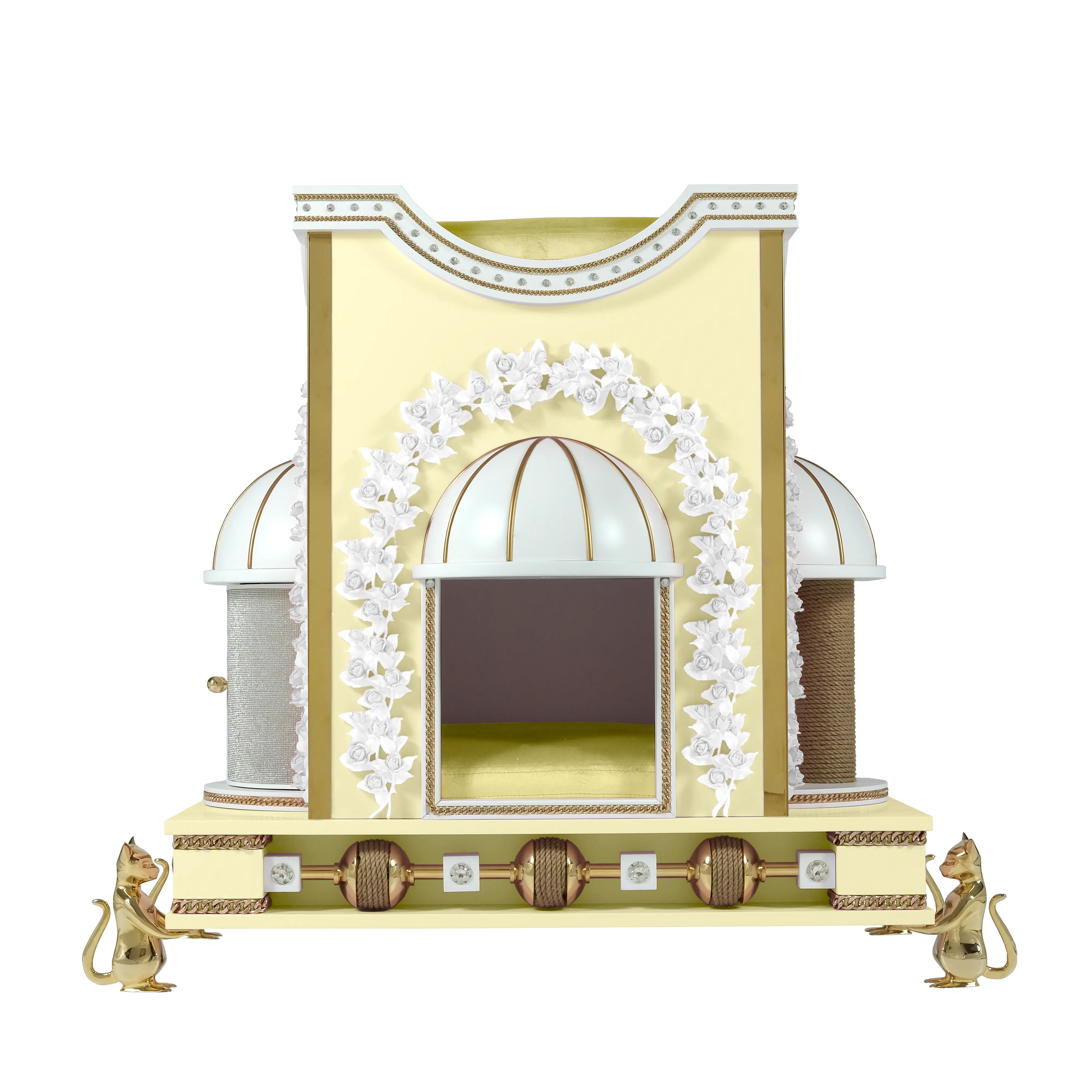 "Close-up of handmade white roses and 24k gold rotating spheres, showcasing the exotic designer artistry of the ETERNITY sanctuary."