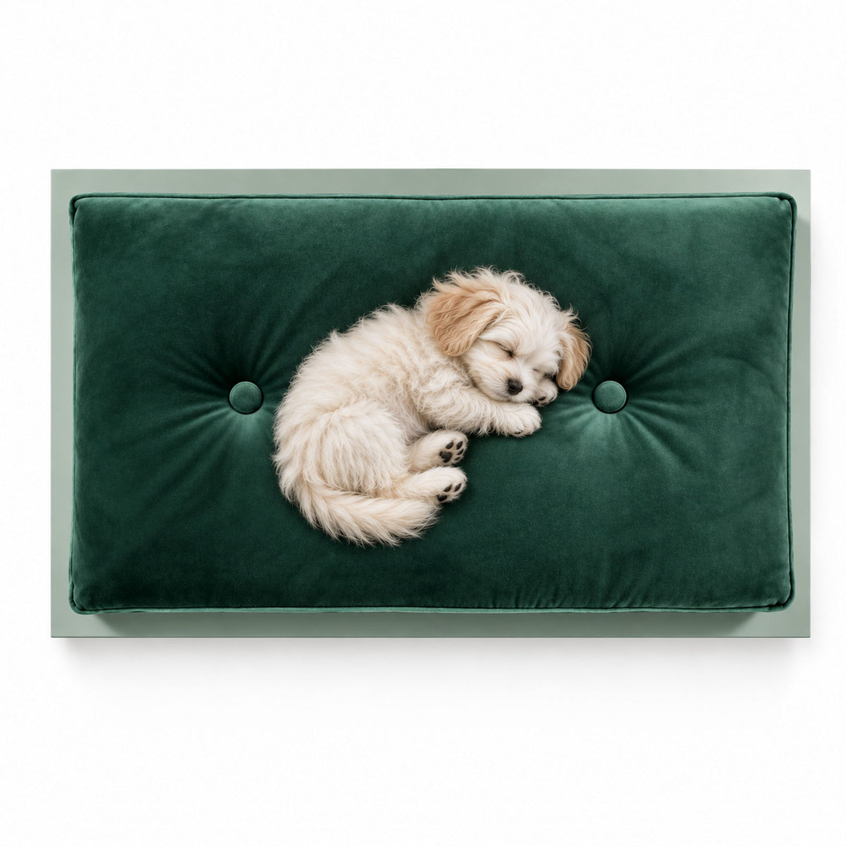 Sleeping cream puppy curled on the emerald green velvet FUROAR Ivy Small luxury pet bed.