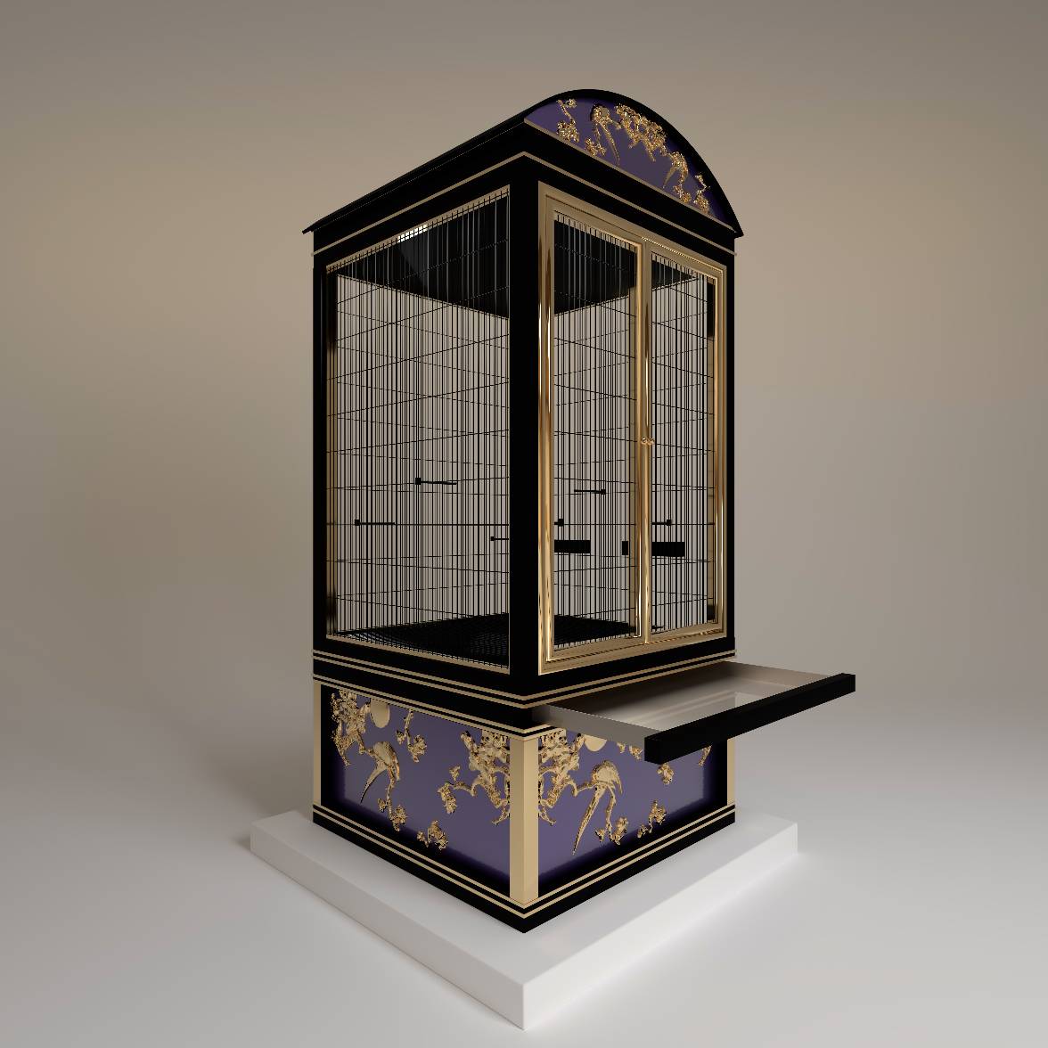 Le Boudoir luxury bird cage by FUROAR perspective view pull-out cleaning tray pristine maintenance