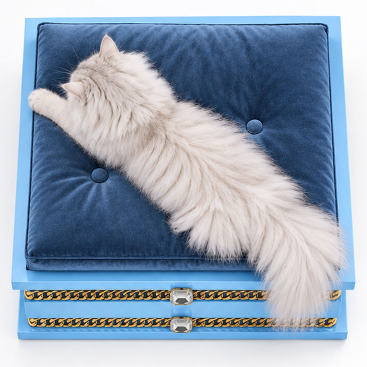 Fluffy white Persian cat lounging on a FUROAR Maison luxury cat bed with blue velvet cushion and gold detailing.
