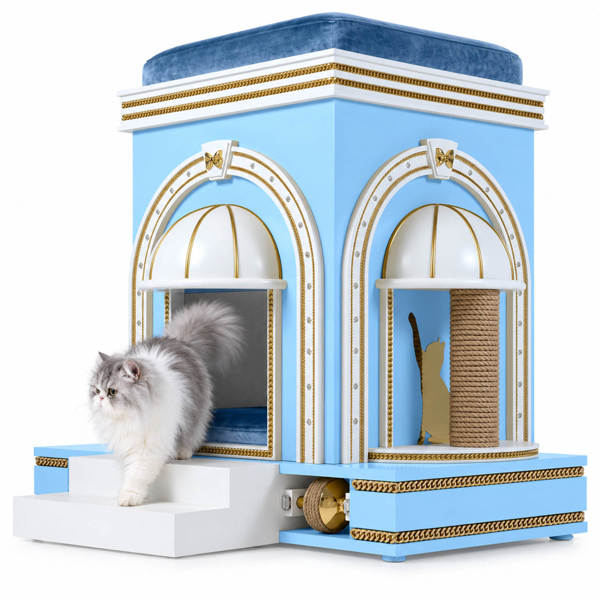 A fluffy gray and white cat sits on the front step of a decorative blue and white cat house with gold trim, arched entryways, a scratching post inside, and a small toy wheel at the base, photographed on a clean white background.