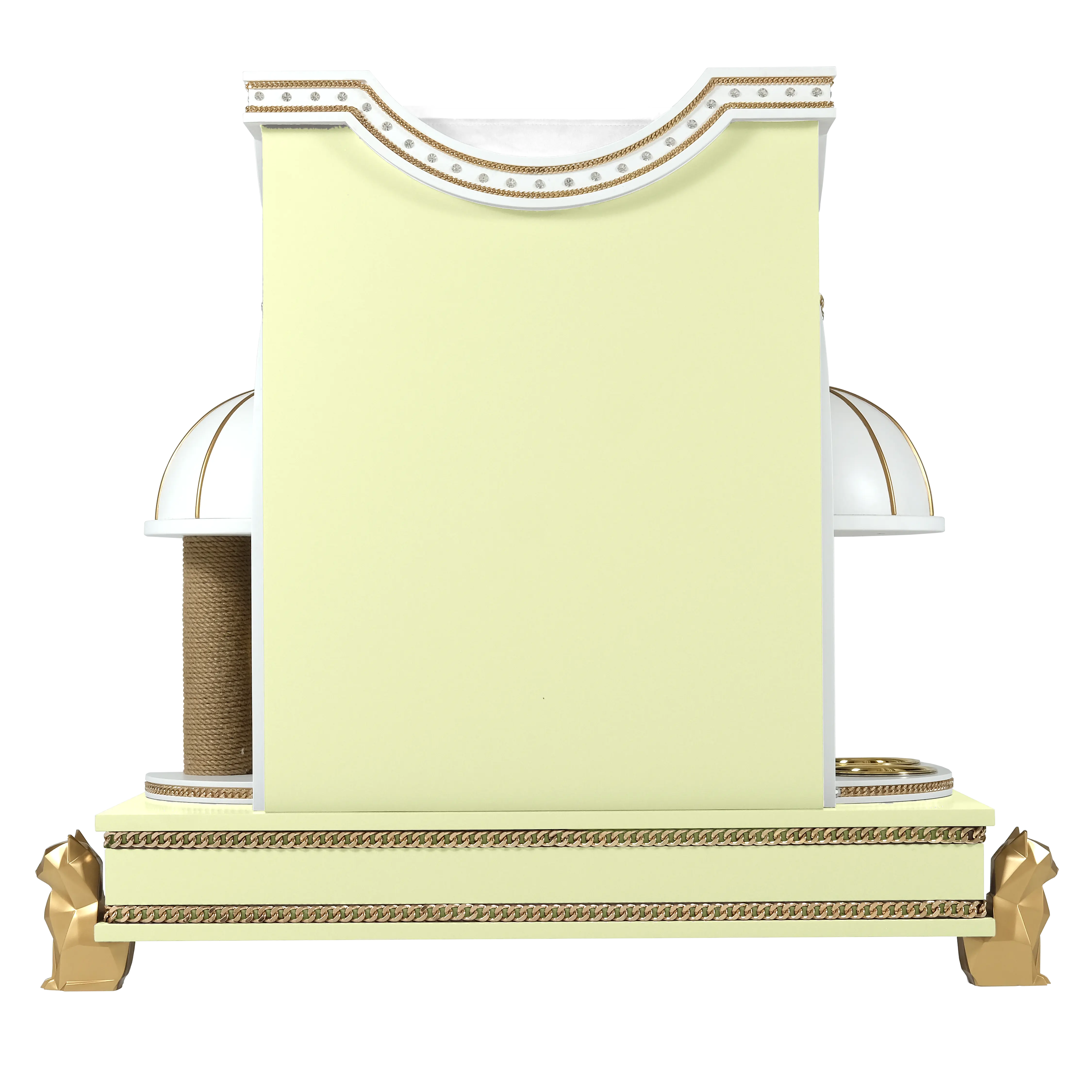 "Rear view of the MIMI SOLEIL cat house showcasing unique architectural leg support and the flawless balance of refined modern elegance."