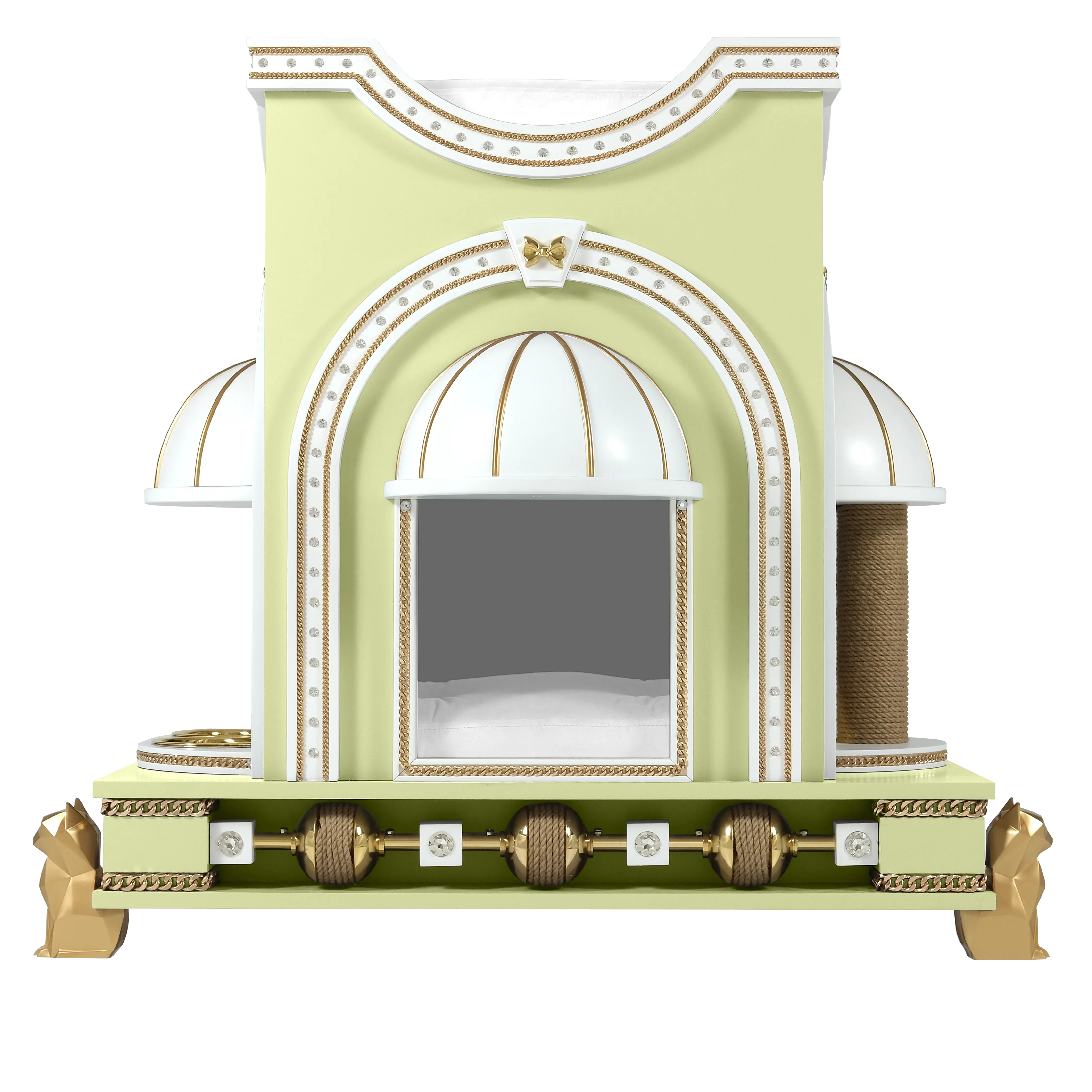 "Front view of the MIMI SOLEIL modern indoor cat shelter, showcasing the spectacular symmetry and elite FUROAR craftsmanship for a noble companion."