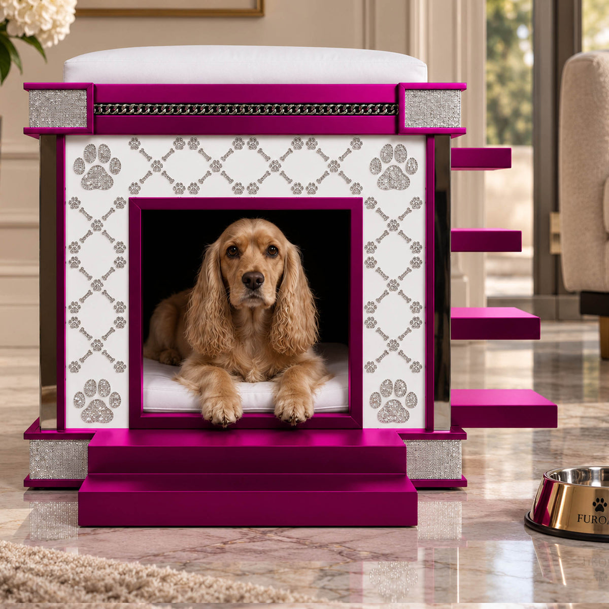 MEDIUM dog siting on a soft cushion inside the medium malibu BEVERLY HILLS dog house by FUROAR