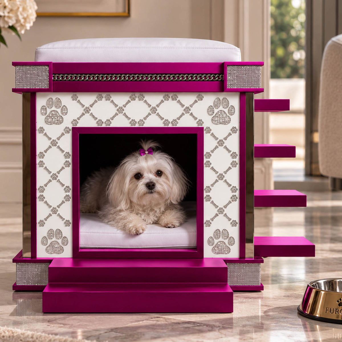 small dog siting on a soft cushion inside the medium malibu BEVERYLY HILLS dog house by FUROAR