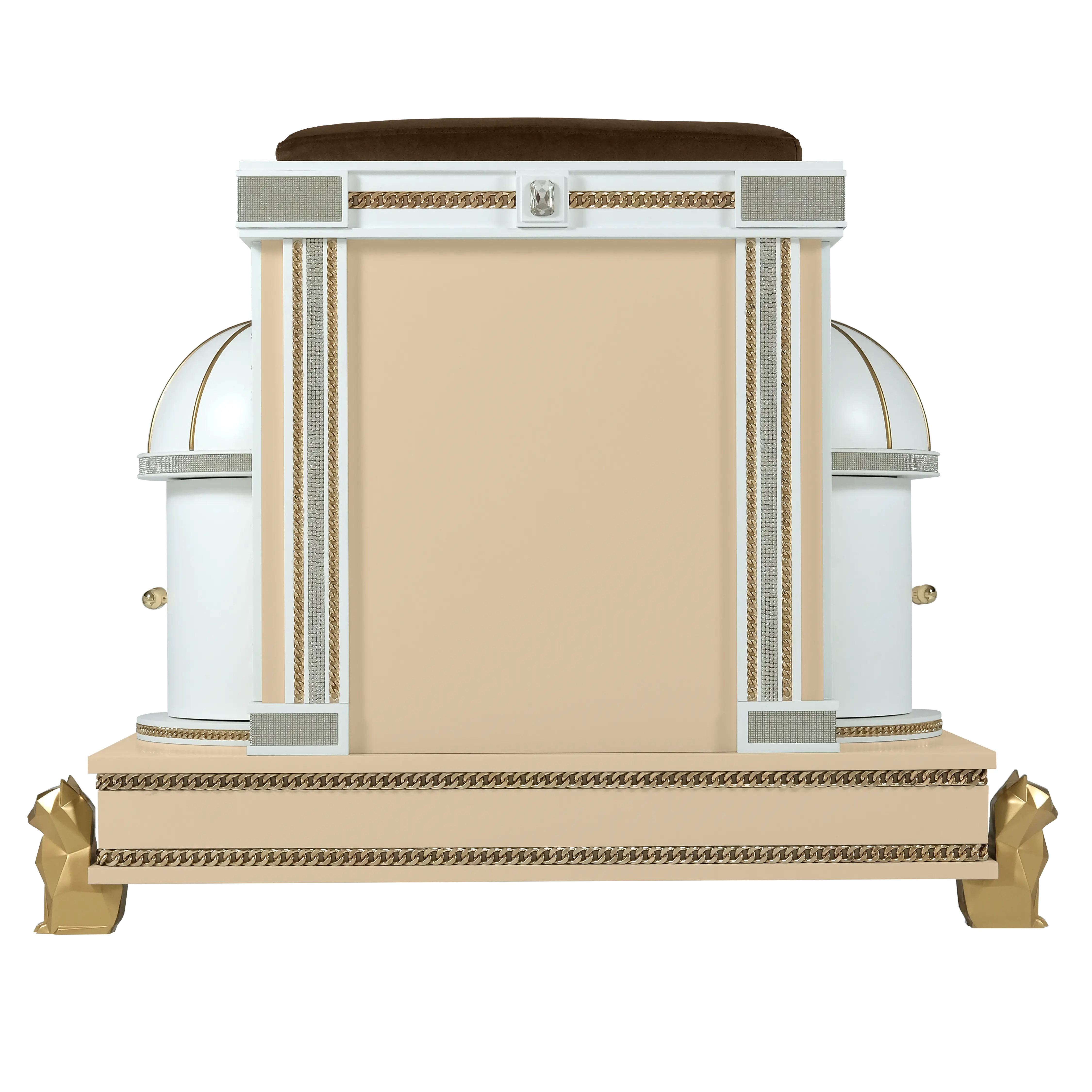 Rear view of the Rockstar designer cat house pet palace highlighting the symmetrical gold pillars and crystal-studded finish.