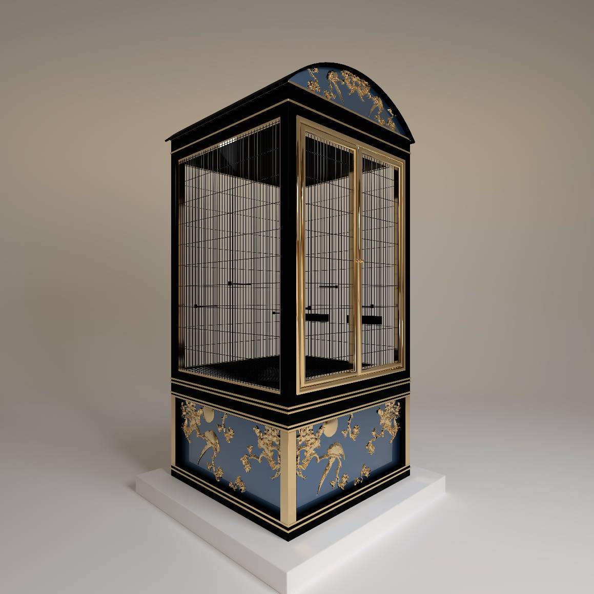 Petit Salon designer bird cage by FUROAR side profile architectural structure and gold metalwork
