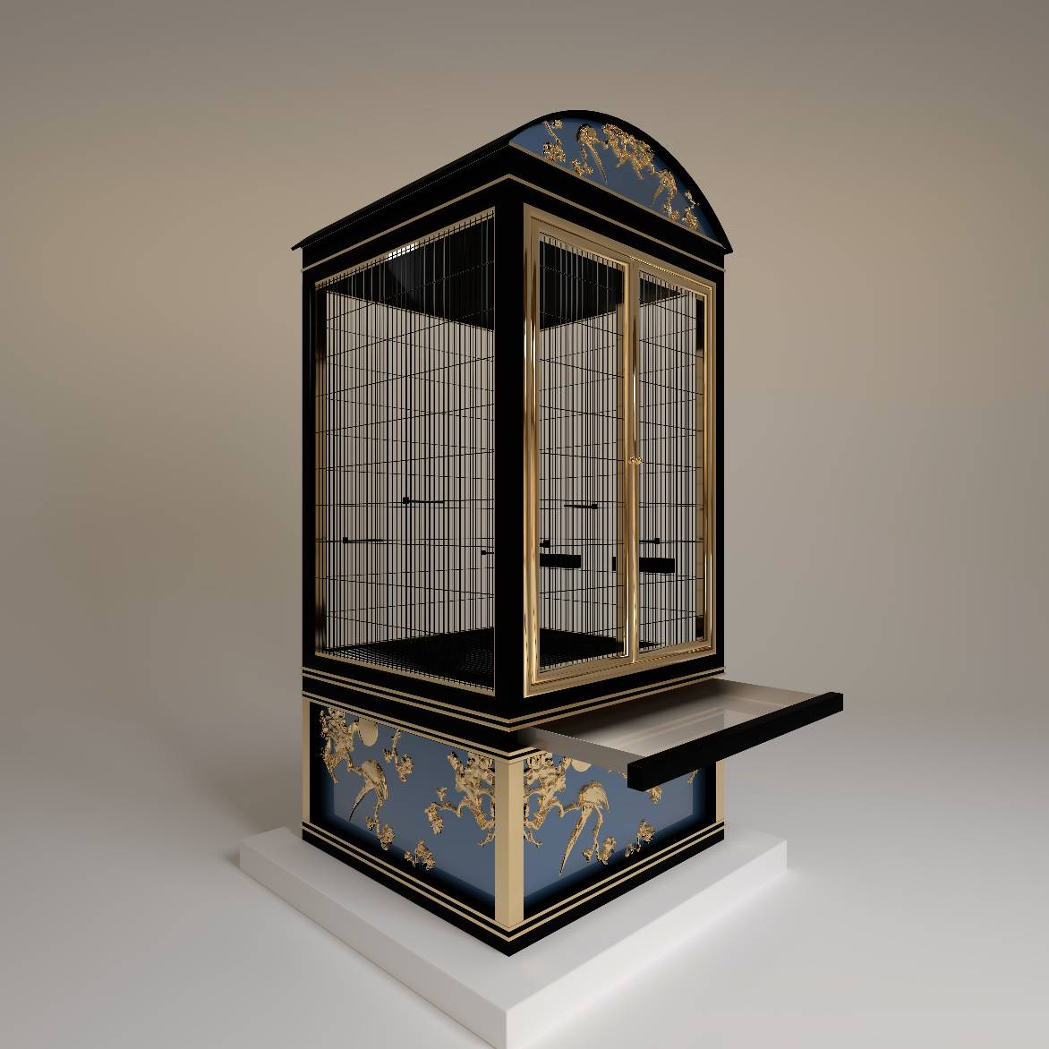 Petit Salon royal bird cage by FUROAR perspective view pull-out cleaning tray effortless maintenance