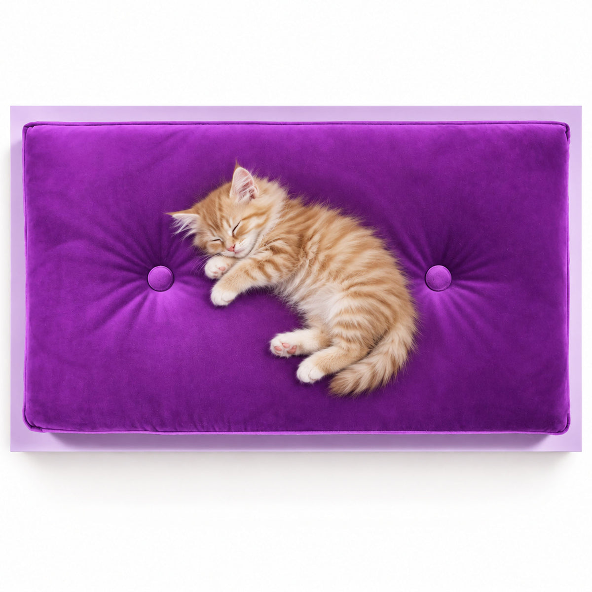 Ginger kitten sleeping on the plum velvet FUROAR Maison Small luxury pet bed.