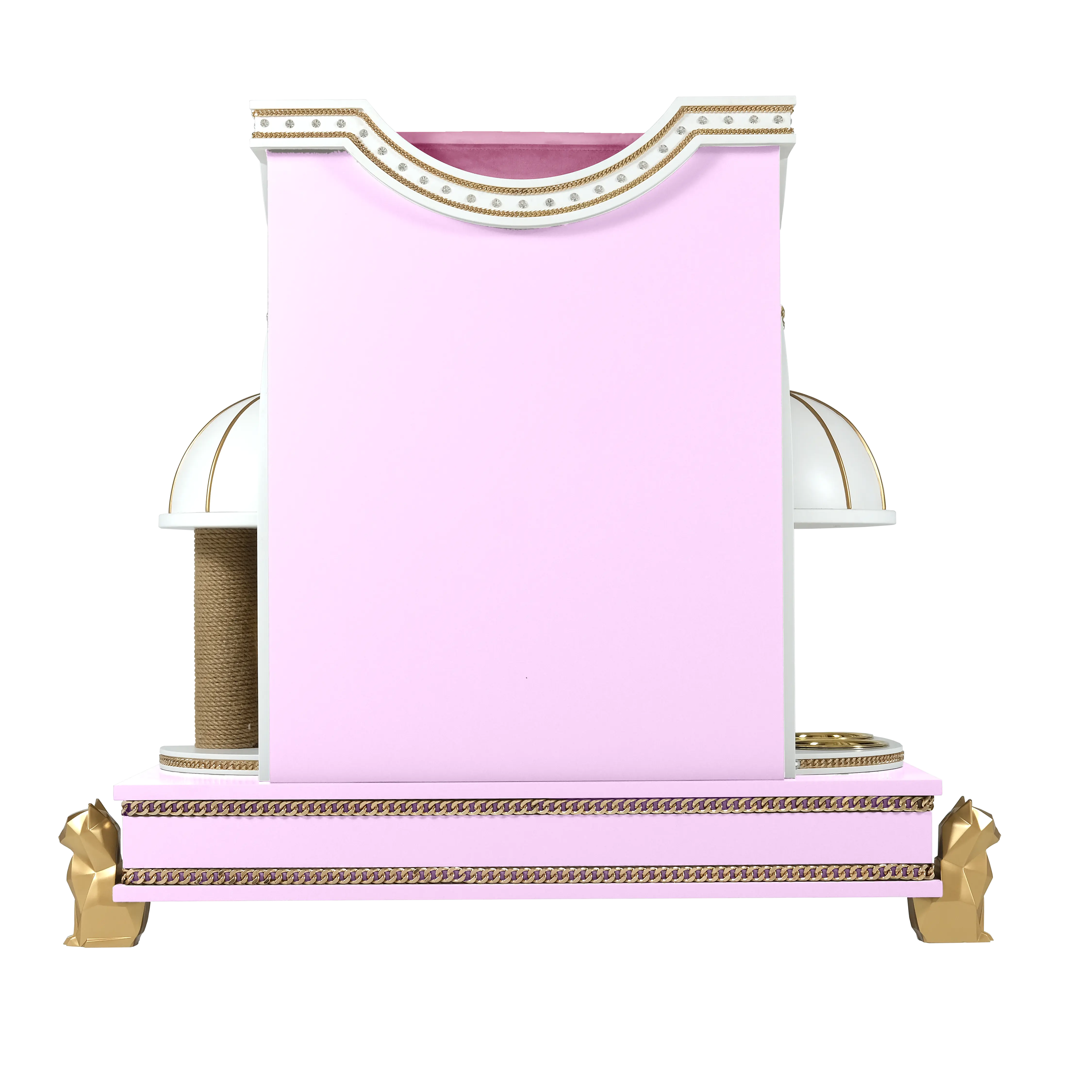 "Rear view of the PRECIOUS cat house, showcasing unique gold leg symmetry and the flawless balance of refined modern elegance."
