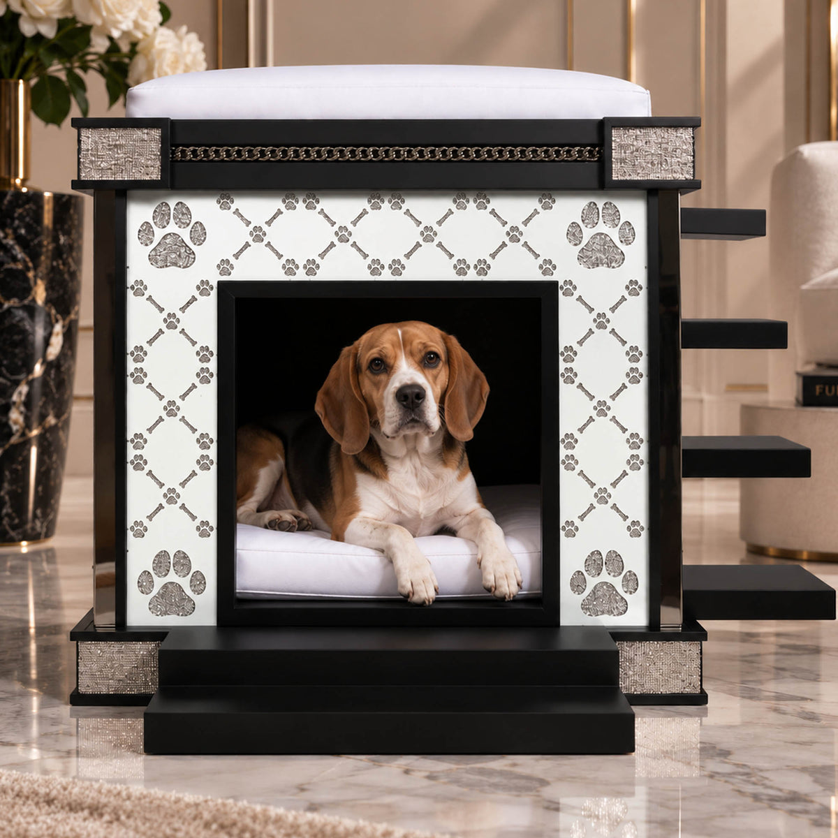 MEDIUM dog siting on a soft cushion inside the medium malibu dog house by FUROAR