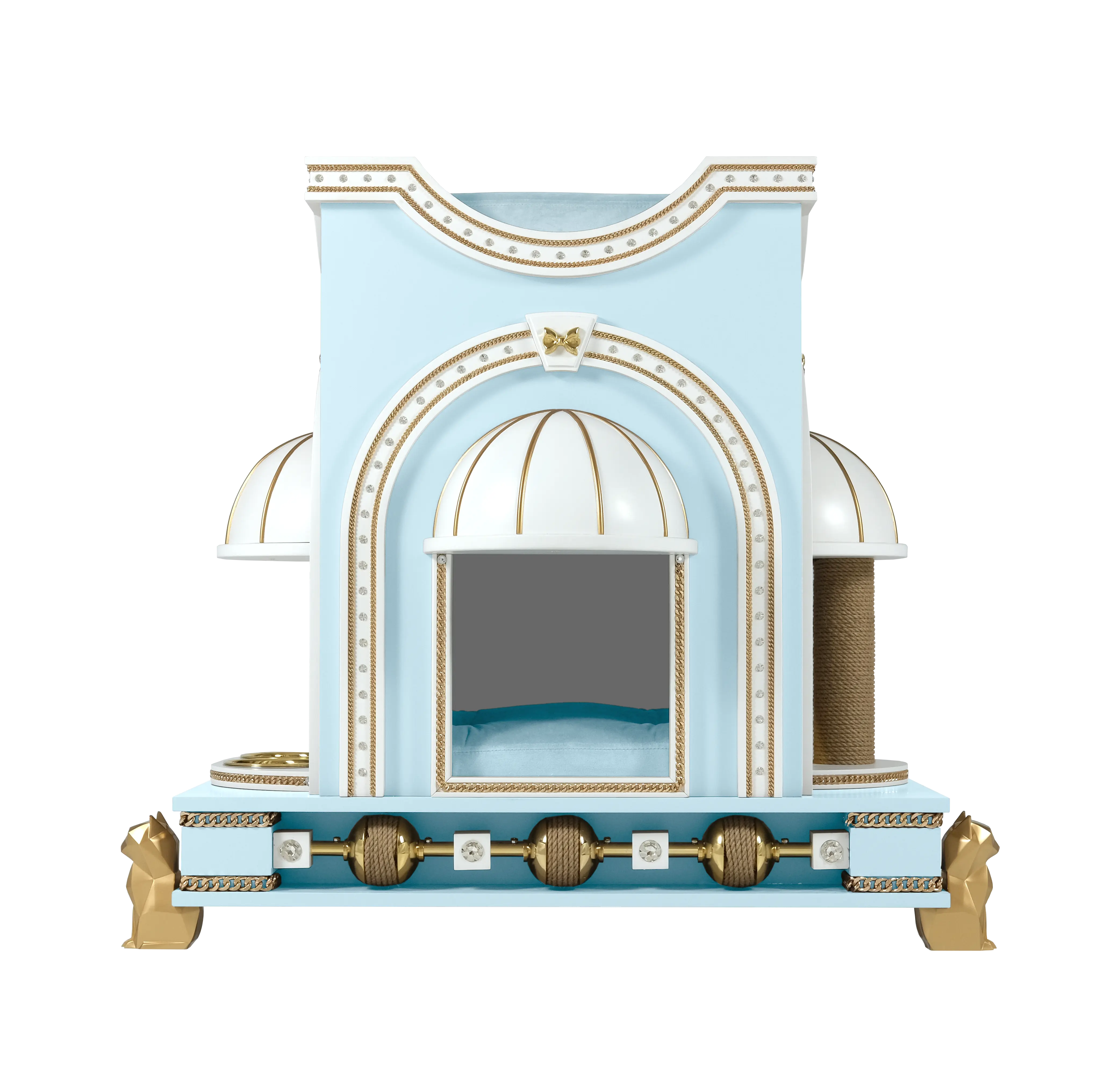 "Front view of the REGINA designer indoor cat castle, showcasing the spectacular symmetry and elite FUROAR craftsmanship for a noble companion."