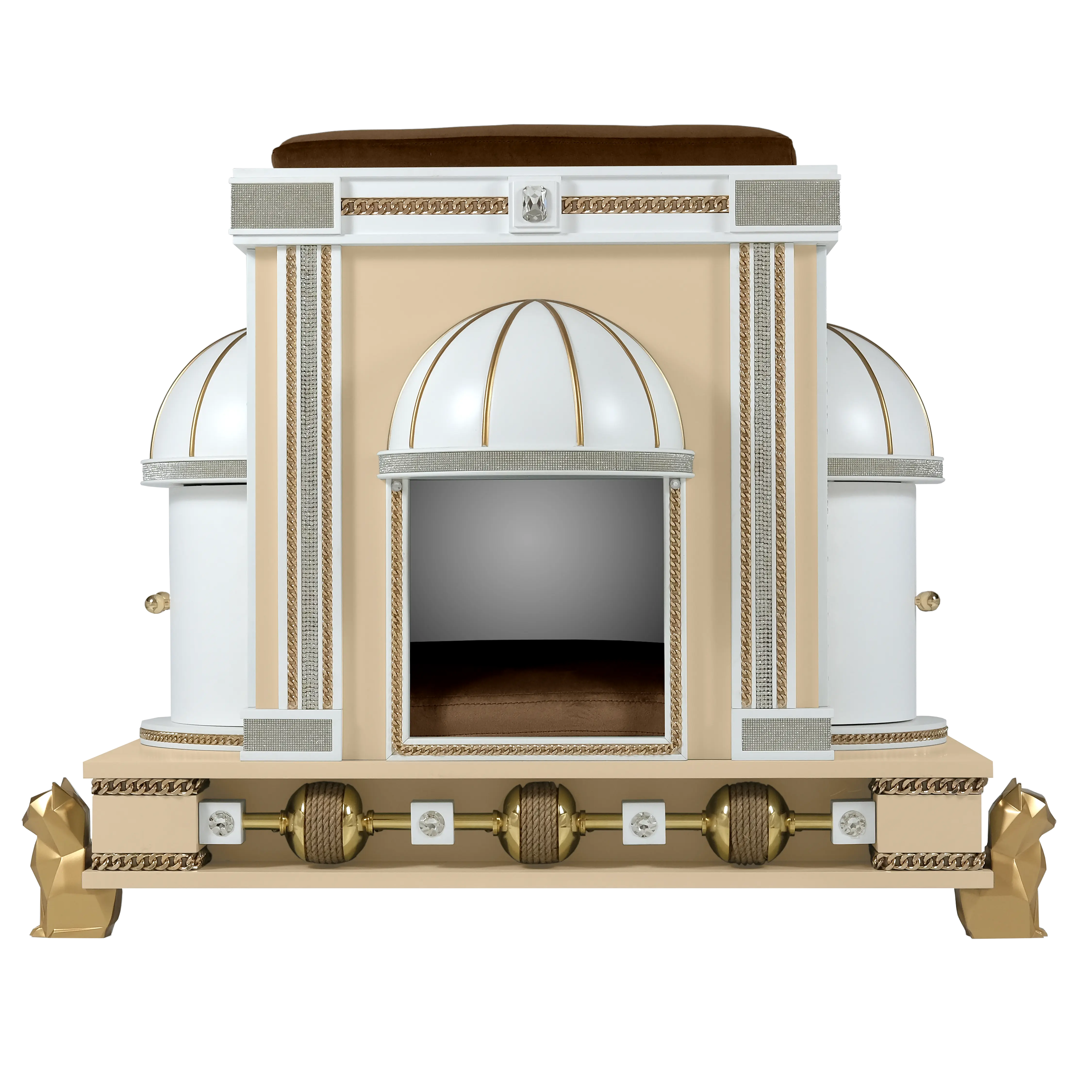 Front view of the Rockstar designer cat house pet palace with shimmering gold embellishments and a wide arched entryway.