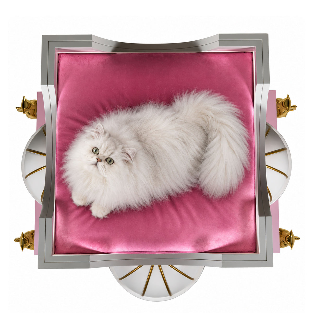 A fluffy white long-haired cat lies on a pink velvet cushion inside a decorative square frame with gold and silver details, shown on a plain white background.