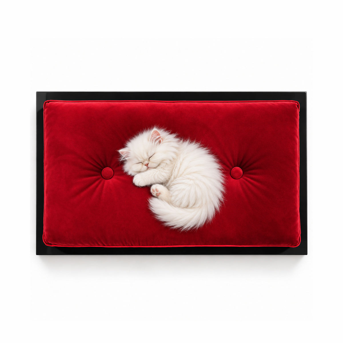 Sleeping white Persian kitten curled on the FUROAR Rouge Small luxury pet bed, featuring a rich red velvet cushion and sleek black frame.