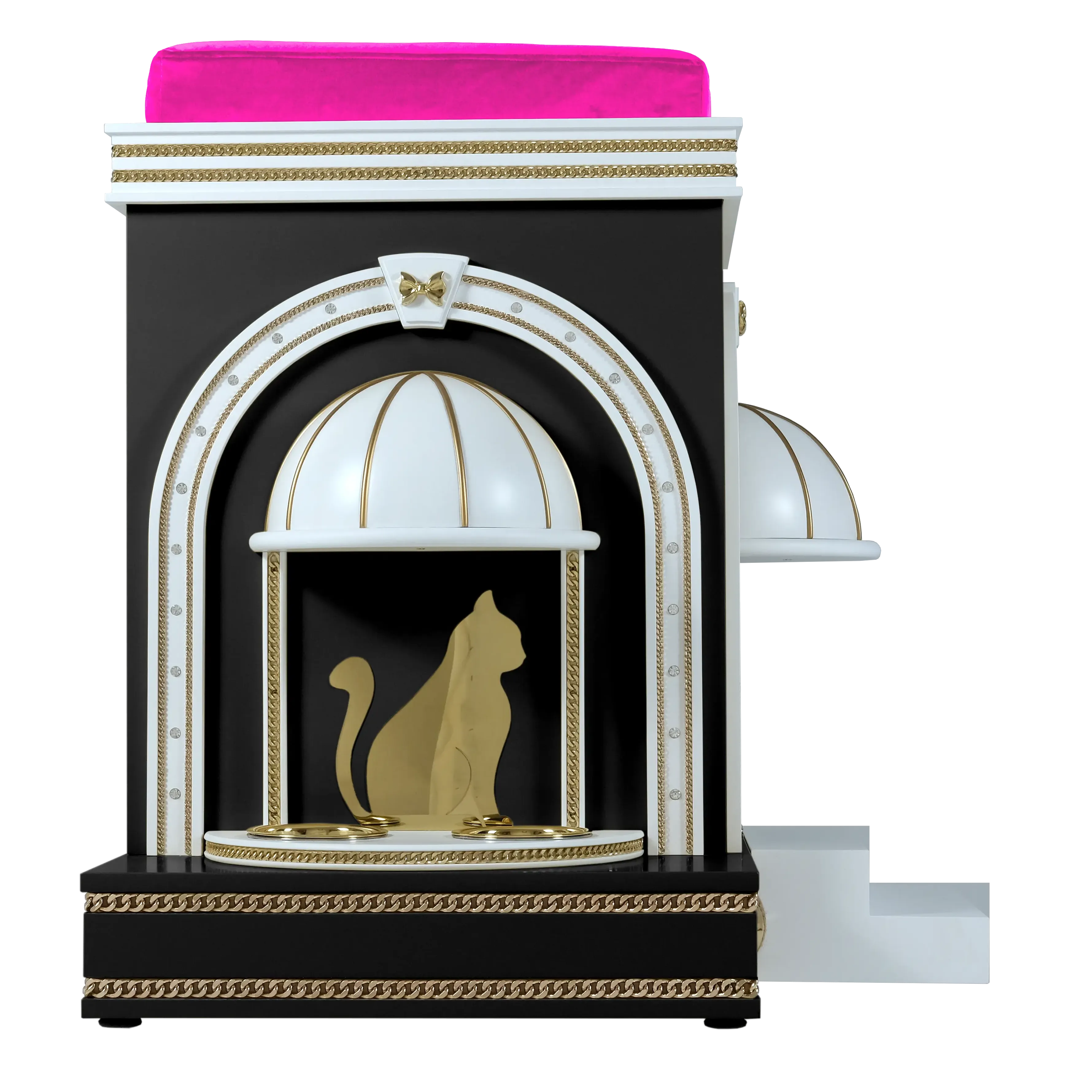 "The ROXETTE cat mansion featuring an integrated feeding station, blending functional luxury into a bespoke architectural sanctuary."