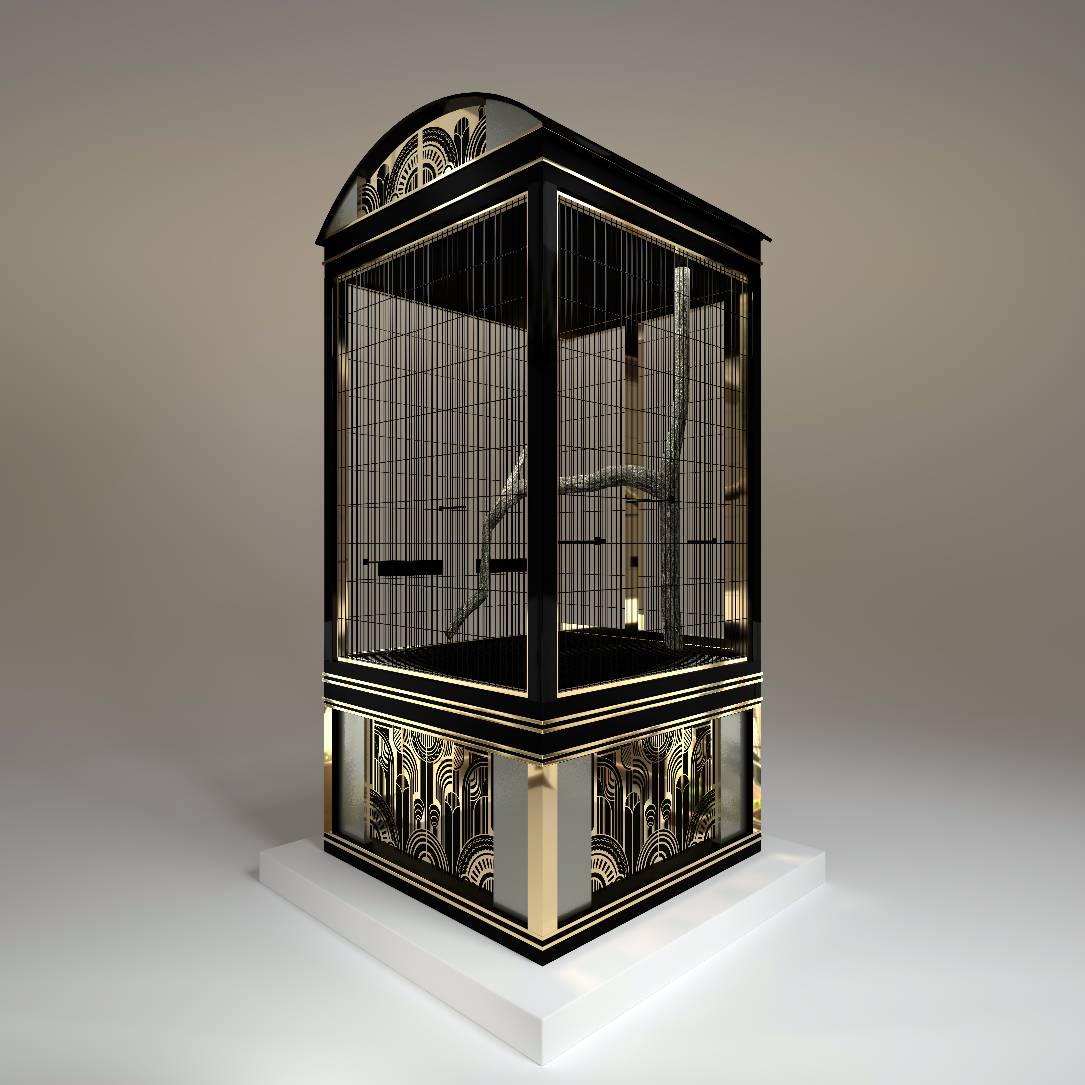 "Close-up of the rear side panels of the Salon d’Or aviary, featuring Art Deco-inspired geometric metalwork and a bespoke designer roof detail."