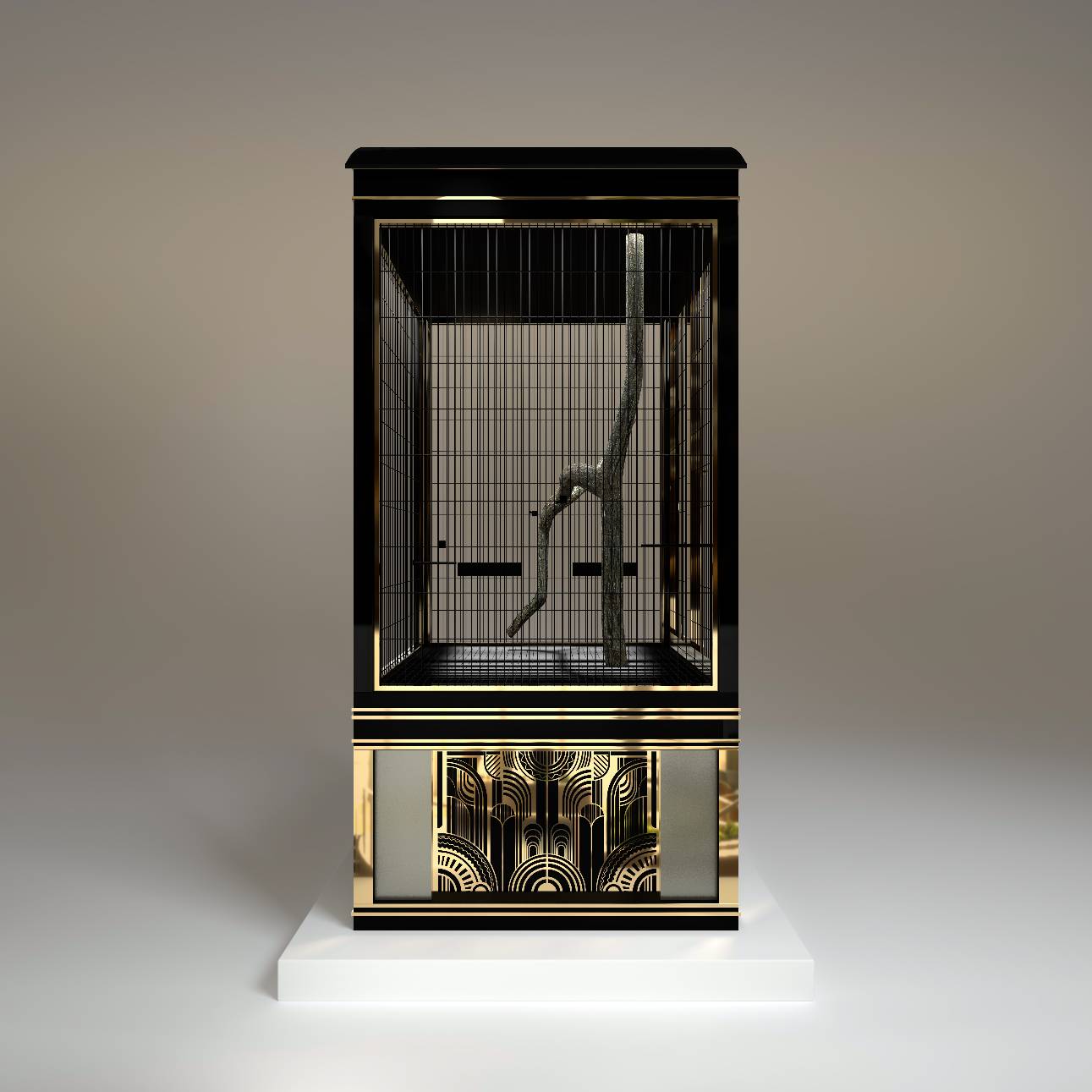 "Architectural side elevation of a royal designer bird cage, showing the precise geometric proportions and elite craftsmanship of the Salon d’Or elite sanctuary."