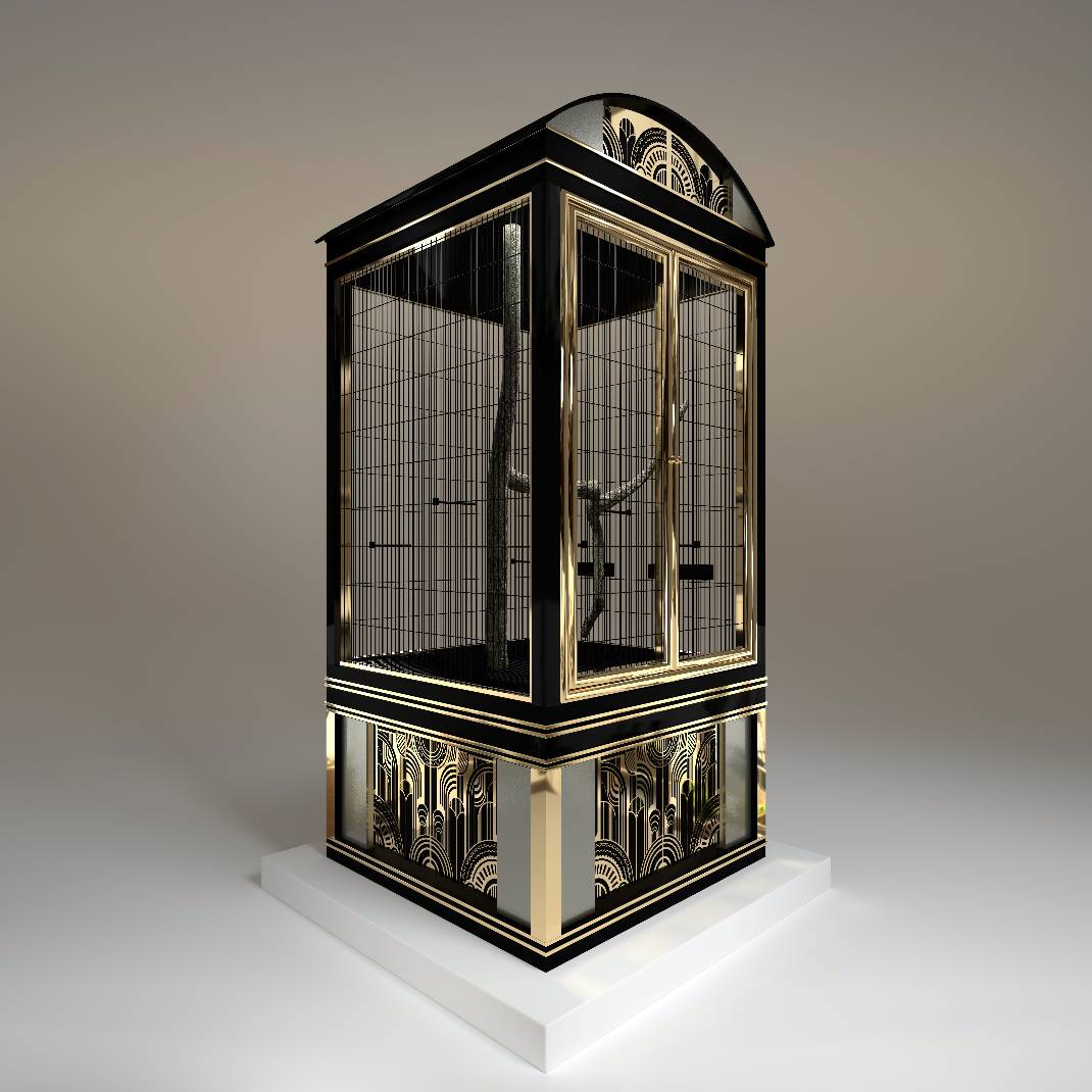 "Side profile of the Salon d’Or bird aviary highlighting the spectacular structural integrity and sleek, modern lines of this grand architectural sanctuary."
