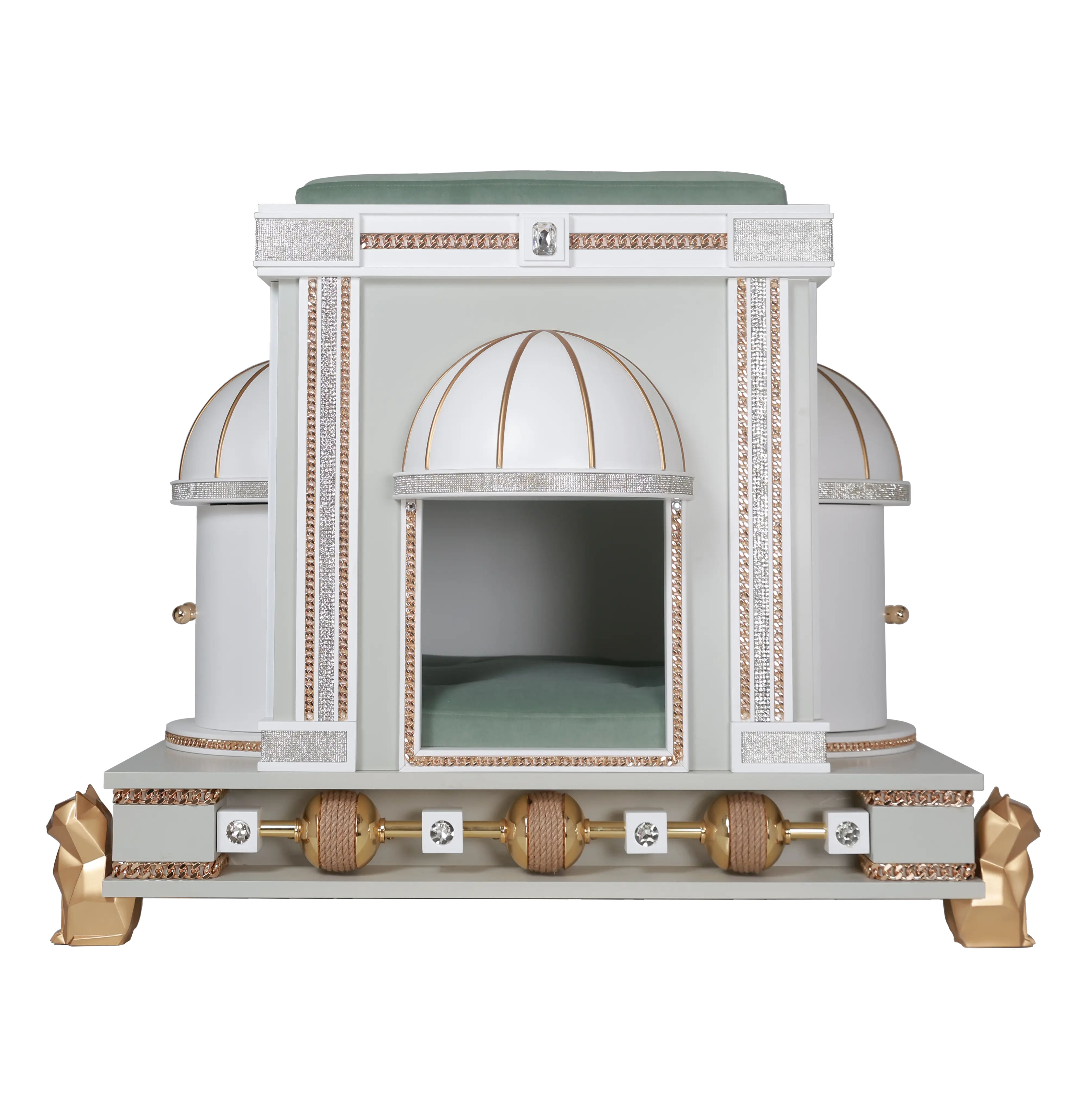 "A magnificent display of luxury in the palace details, showcasing the bespoke side closet niche within this elite modern designer pet palace."