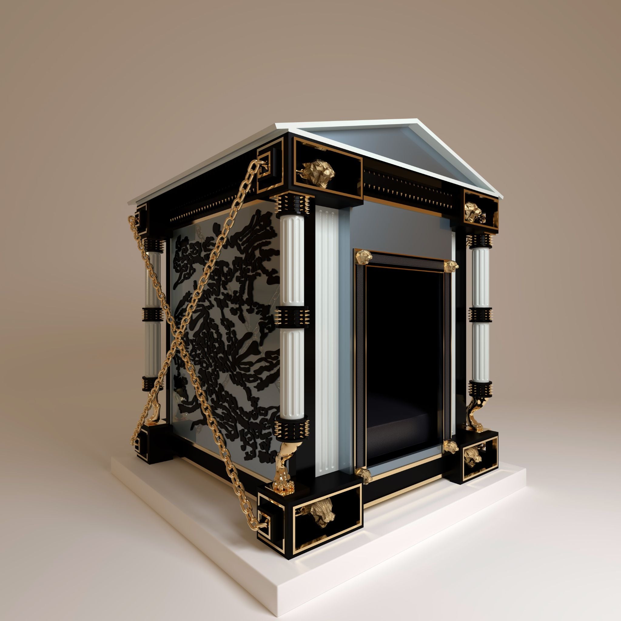 "Side view of a luxury dog kennel showcasing an exotic designer tiger inlay and 24k gold plated casters for mobile elite canine housing."