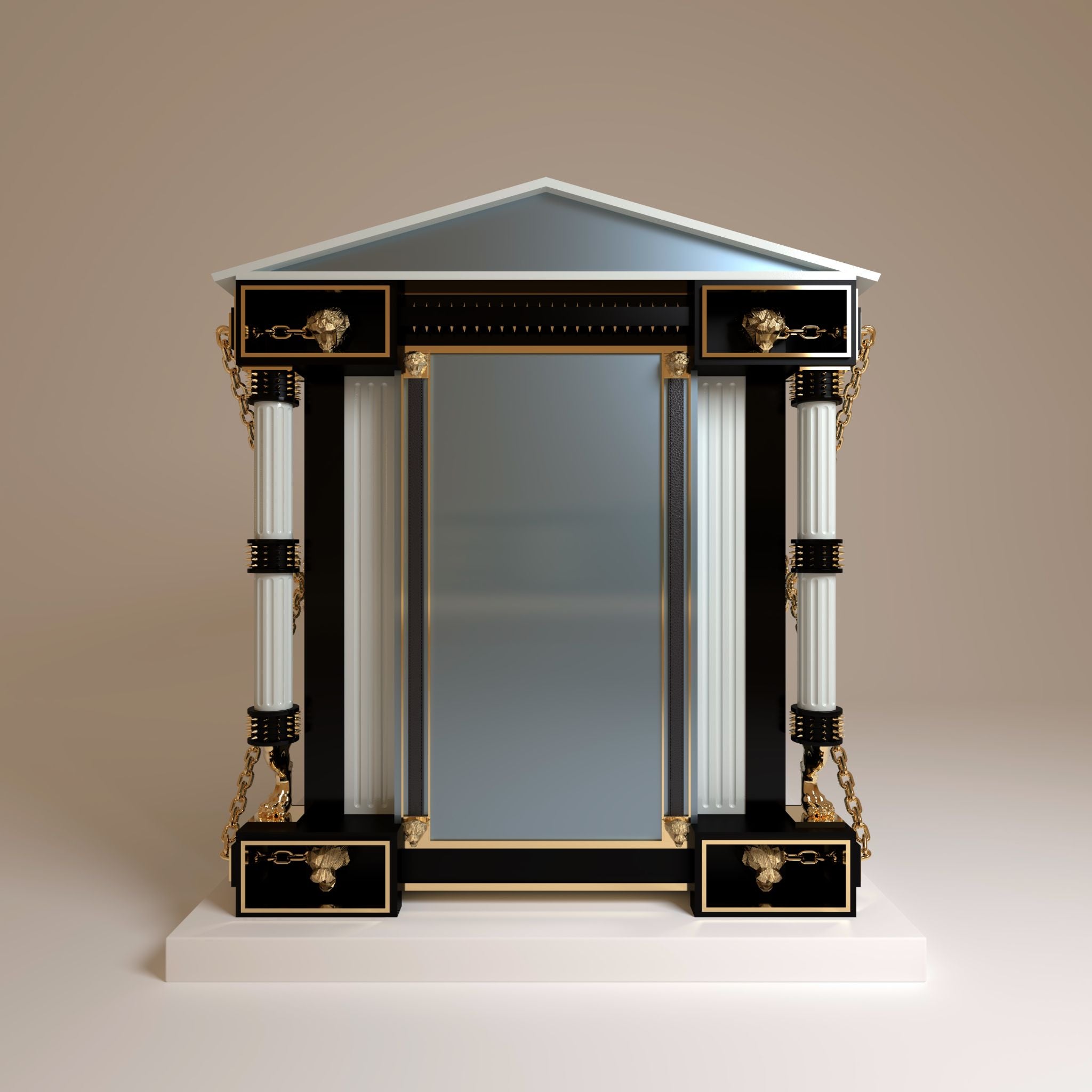 "Rear view of The Baron dog kennel, showcasing the spectacular design structure that blends classical architecture with raw animalistic instincts for luxury interiors."