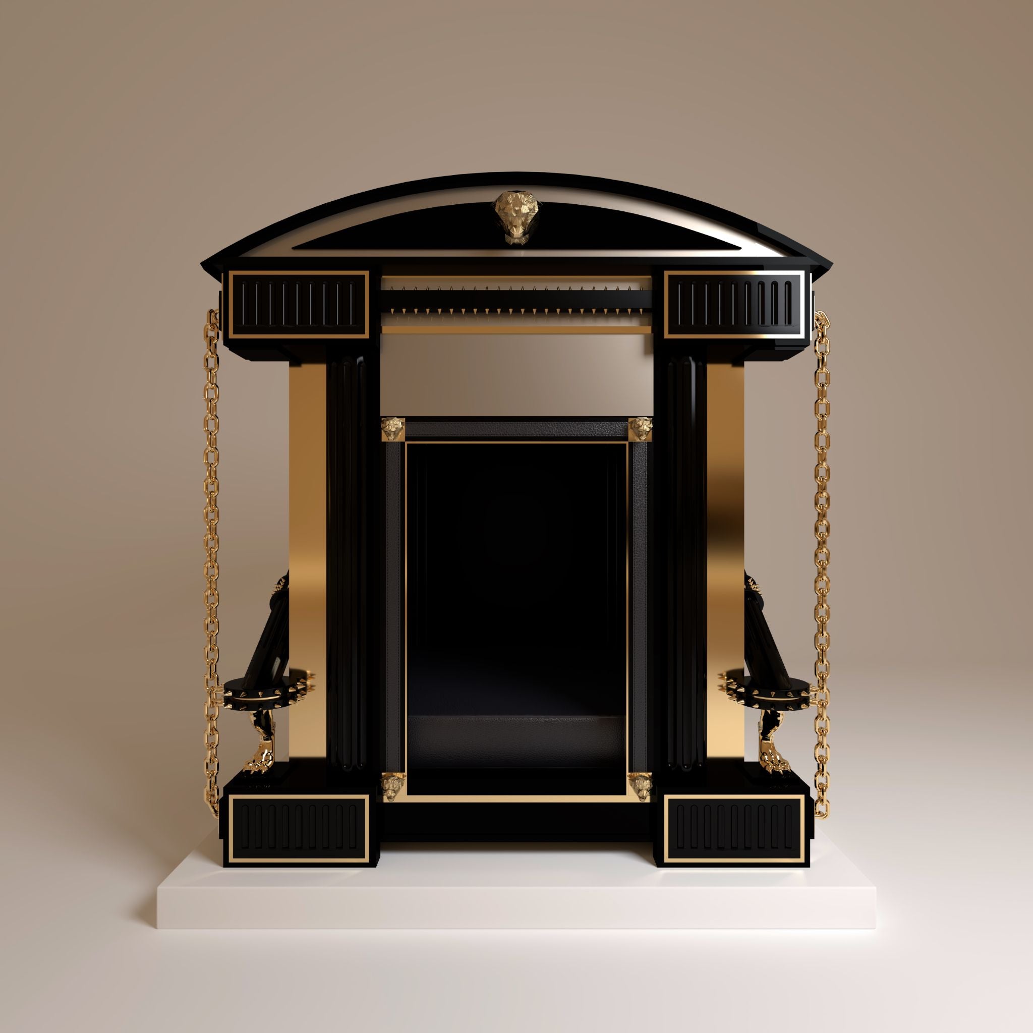 "Intricate entrance showcasing ultra modern luxury craftsmanship with royal FUROAR 24k gold panther heads against a refined taupe designer finish."