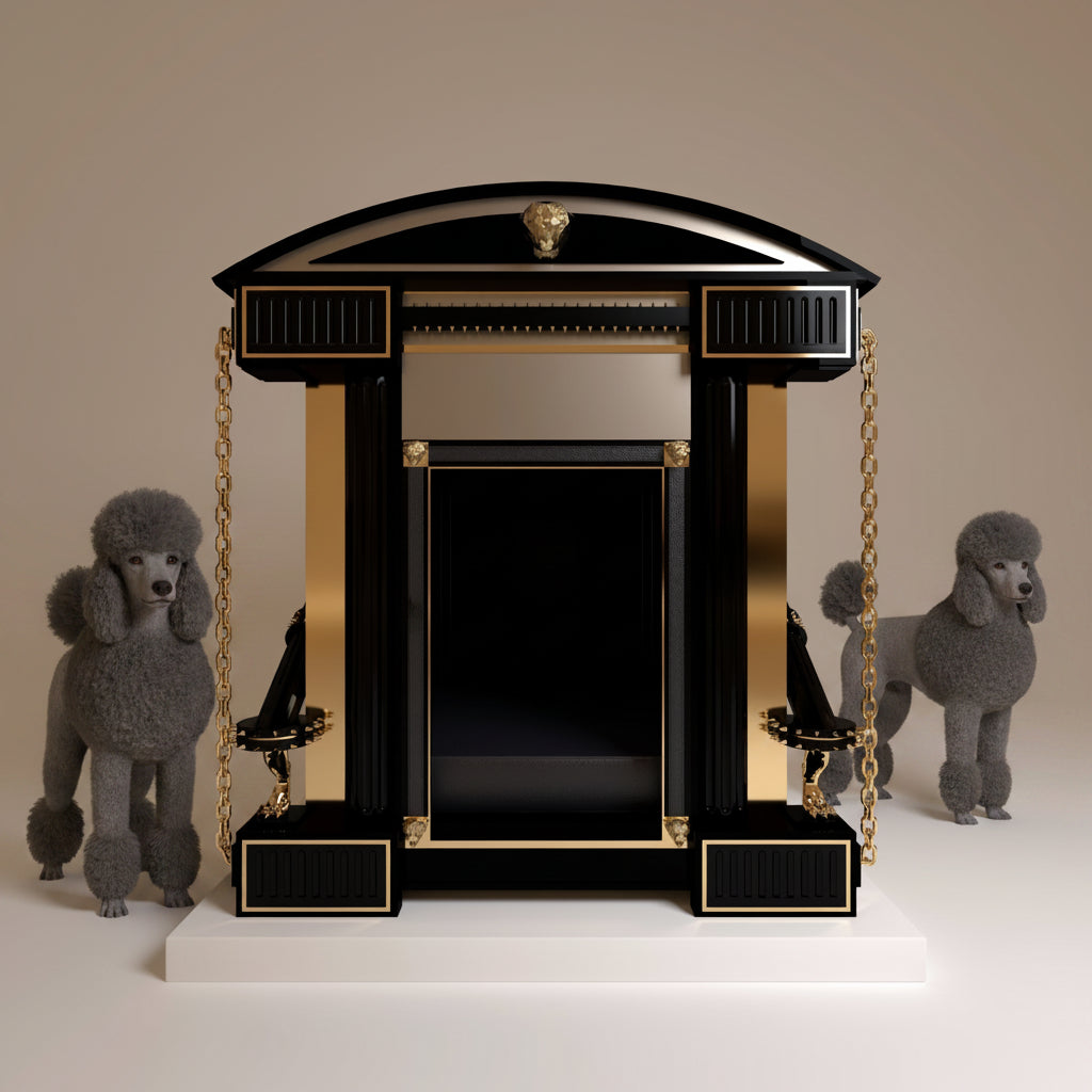 "The grand front view of The Chancellor Estate, an ultra modern luxury kennel featuring a sophisticated semi-gloss taupe finish and 24k gold accents."