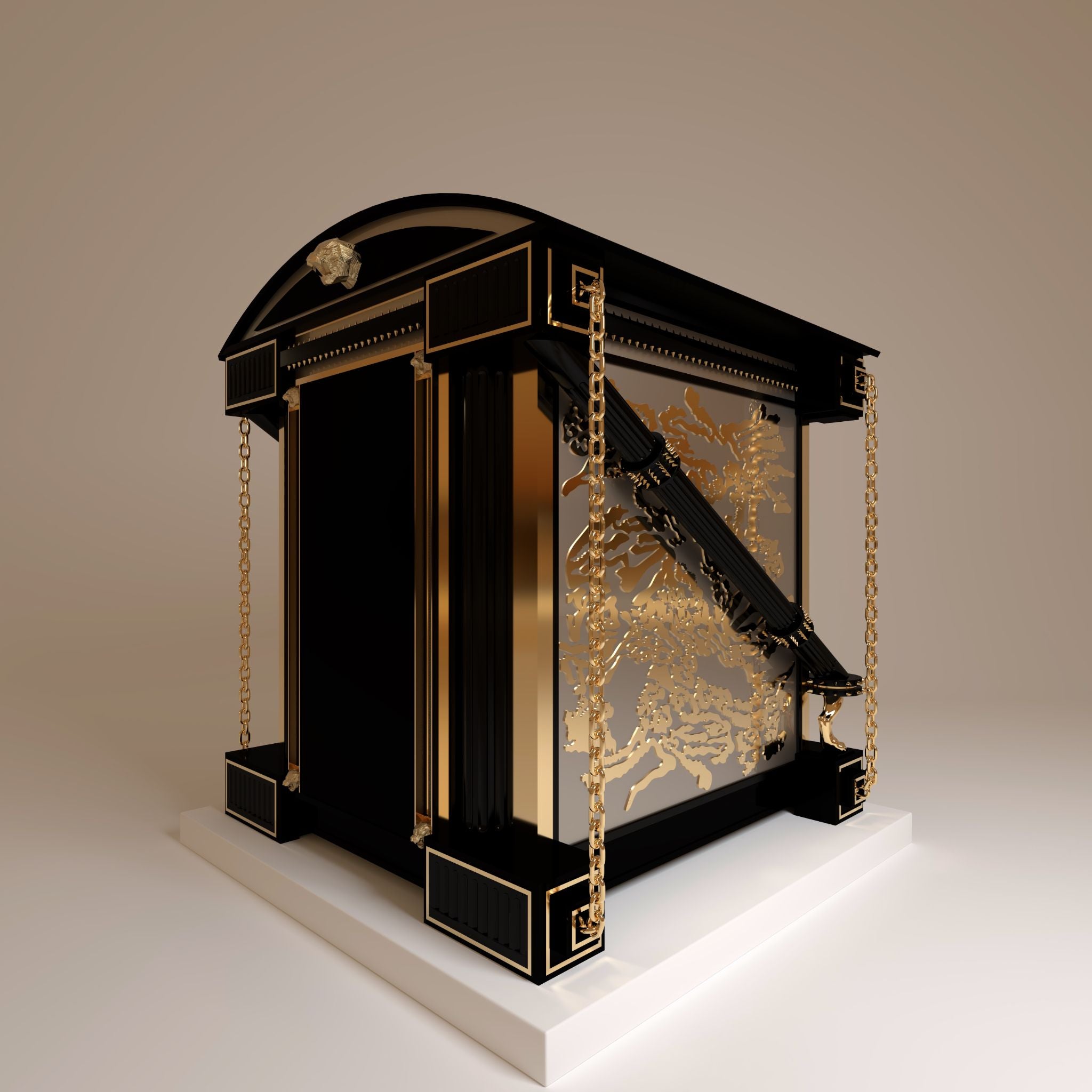 "Rear side view of inclined pillars, demonstrating ultra modern luxury engineering with semi-gloss taupe surfaces and gold-plated structural studs."