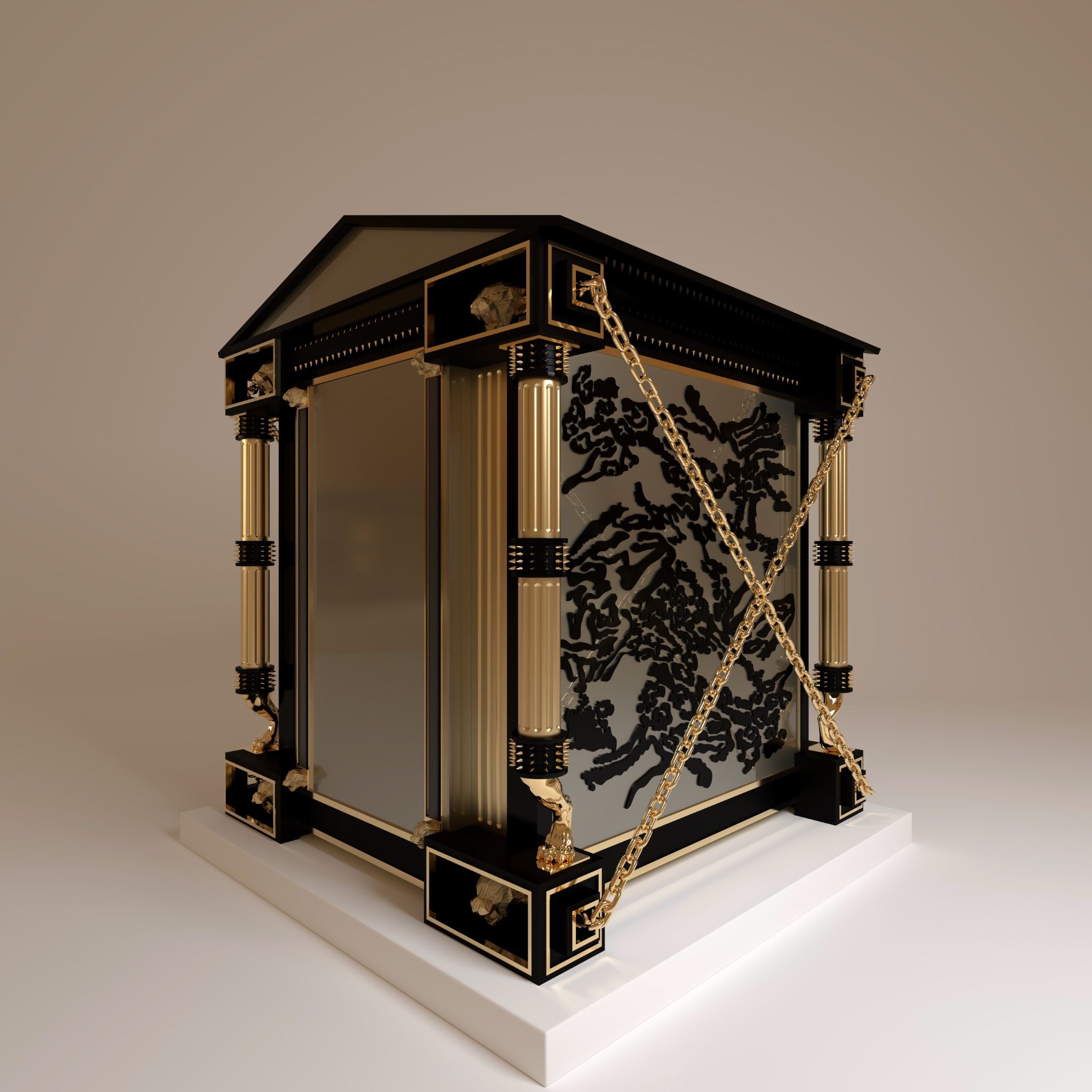 "Detail shot of the kennel pillars with 24k gold studs, representing the power of the wild within a structure of refined modern elegance."