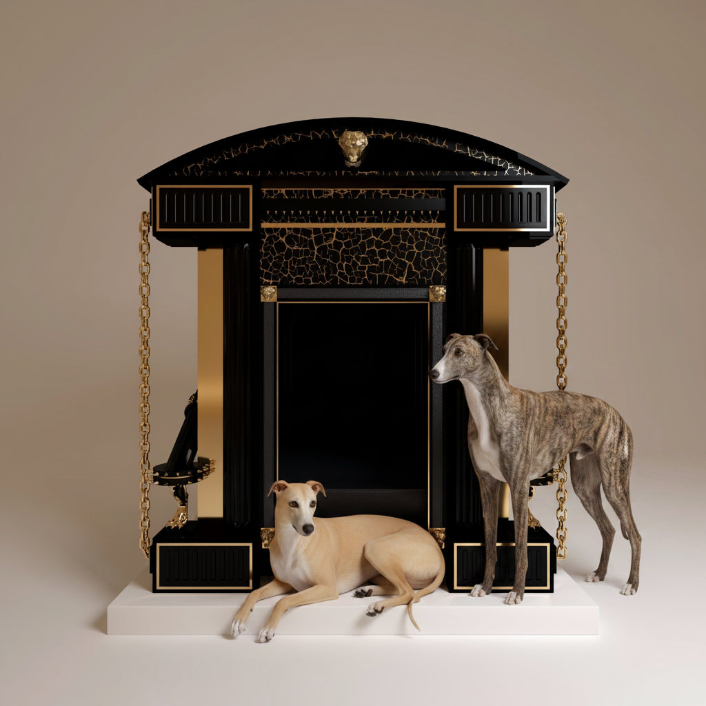 "Grand front view of The Imperial Bastion kennel in black gold crackle finish, featuring structural posts held by 24 carat gold casters and heavy chains."