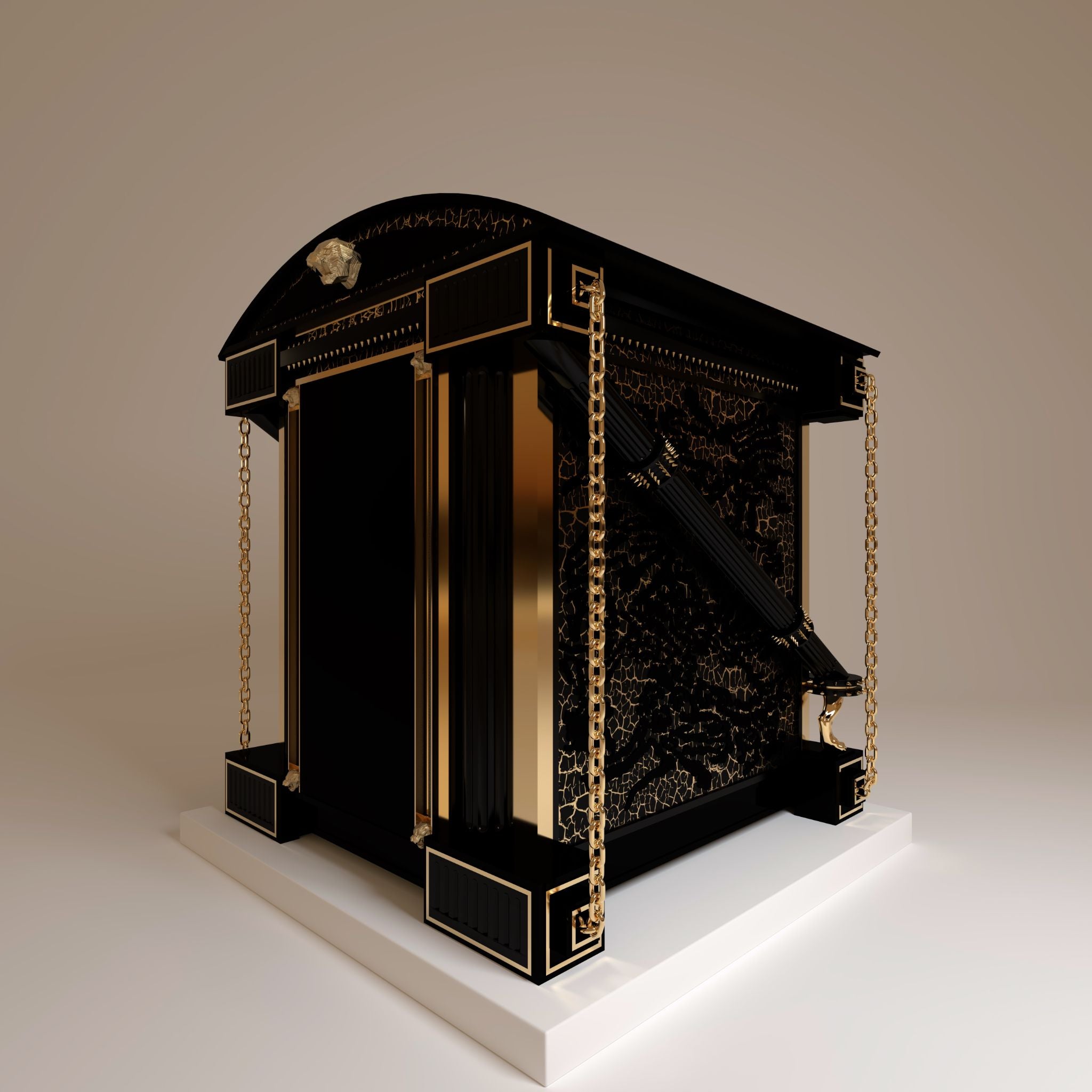 "Rear side view of the inclined pillars, where black gold crackle artisan textures meet 24 carat gold plated studs for elite structural power."