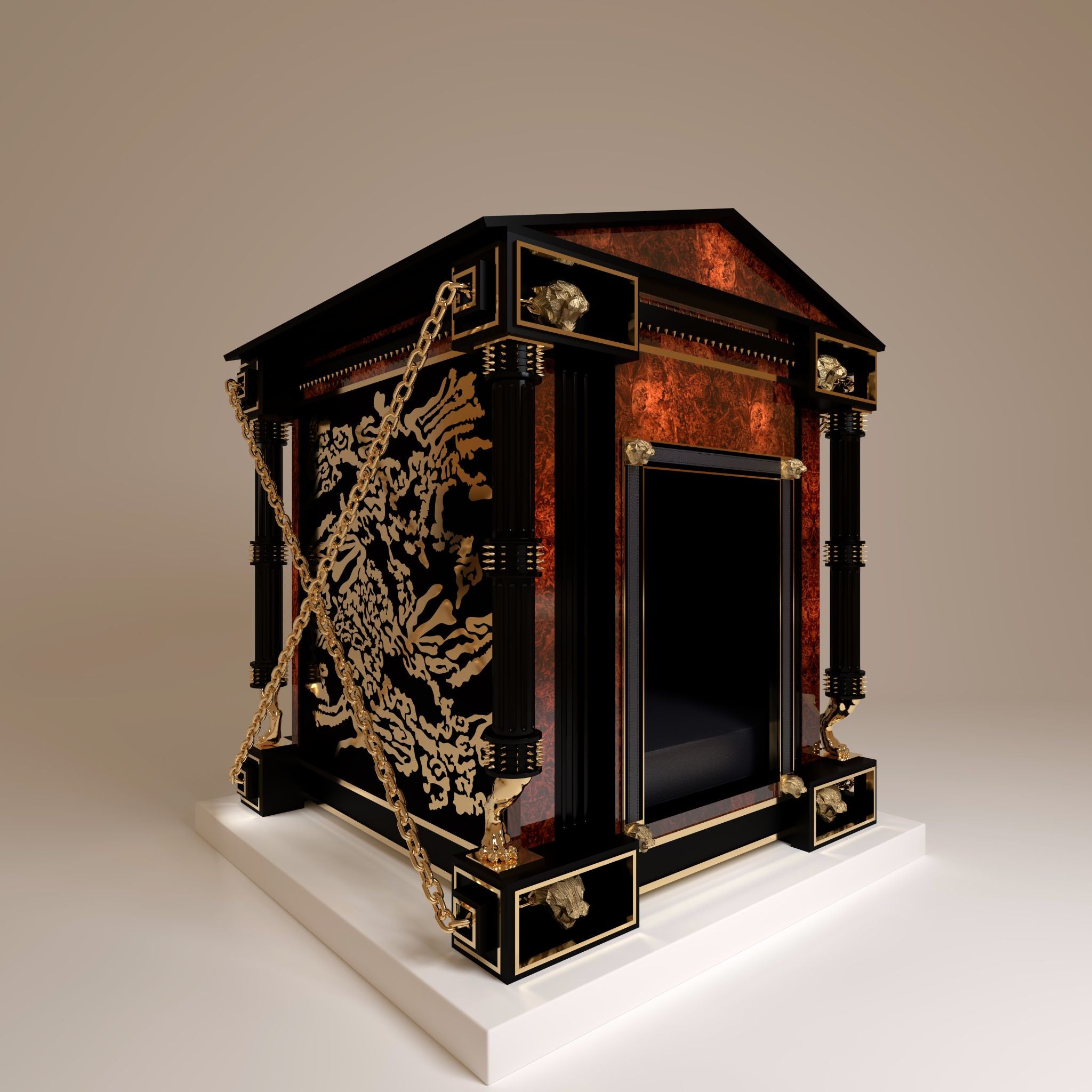 The Marquess Grandeur luxury dog kennel by FUROAR front side view tiger metal inlay luxury burl wood and 24k gold frame