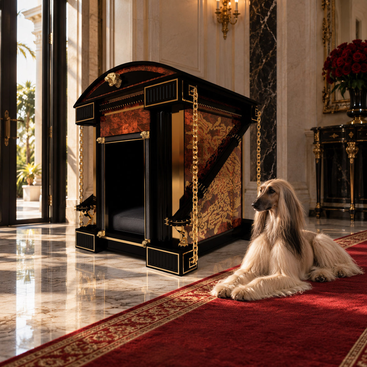 Luxury black, gold and deep red architectural dog kennel by FUROAR displayed in an opulent marble interior, with a long-haired Afghan Hound resting on a red carpet beside the kennel.