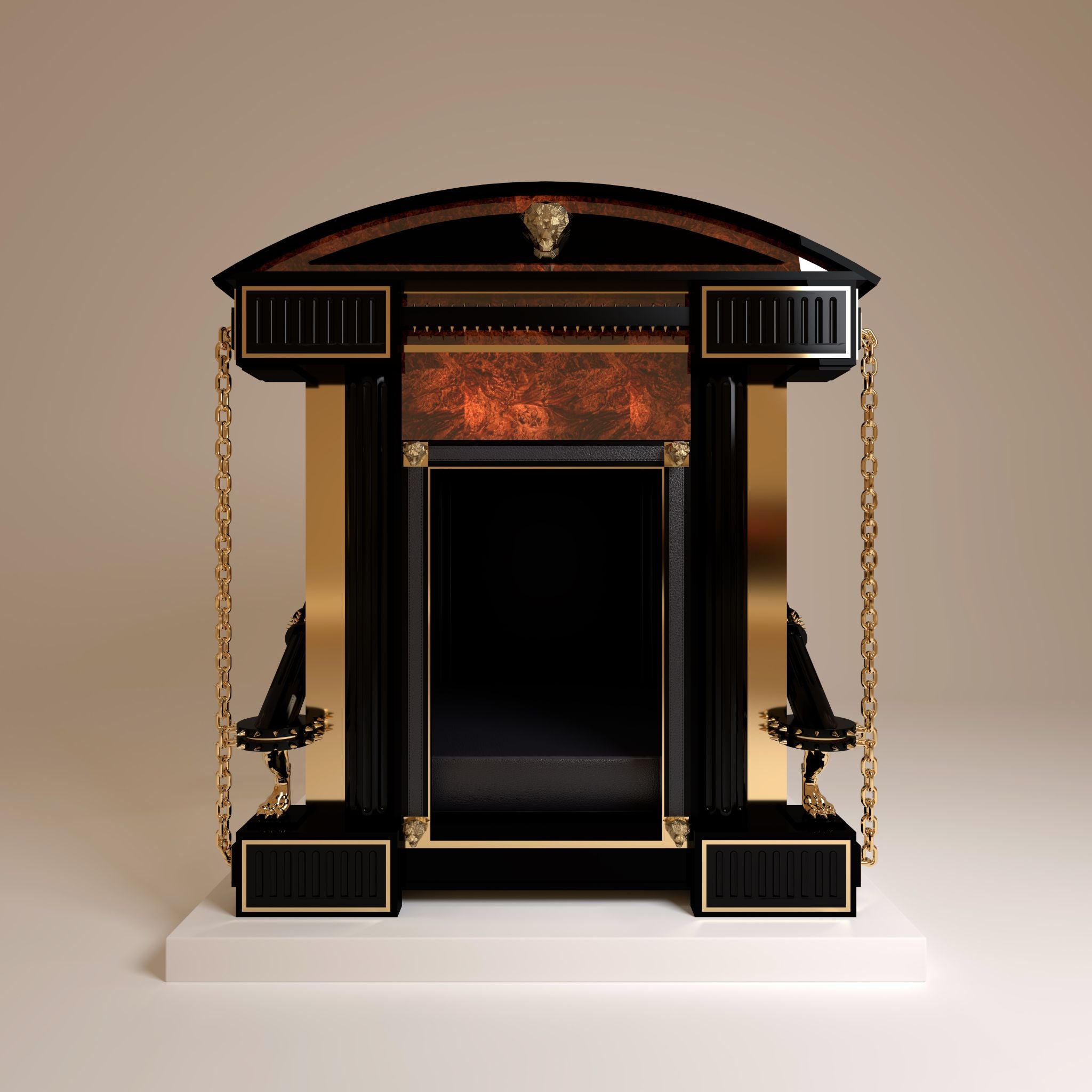 "Intricate entrance showcasing ultra modern luxury craftsmanship with 24k gold panther heads against a high-shine gloss luxury burl finish."