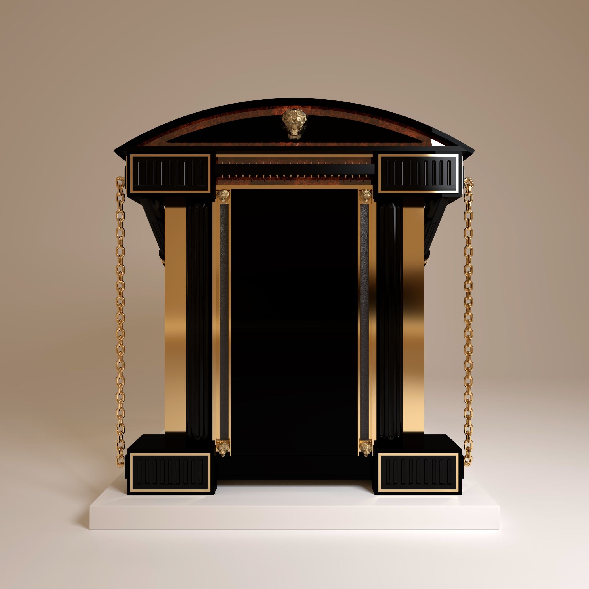 "Full rear view highlighting the ultra modern luxury of gold stainless steel details balanced with the mirror-like gloss luxury burl grain."