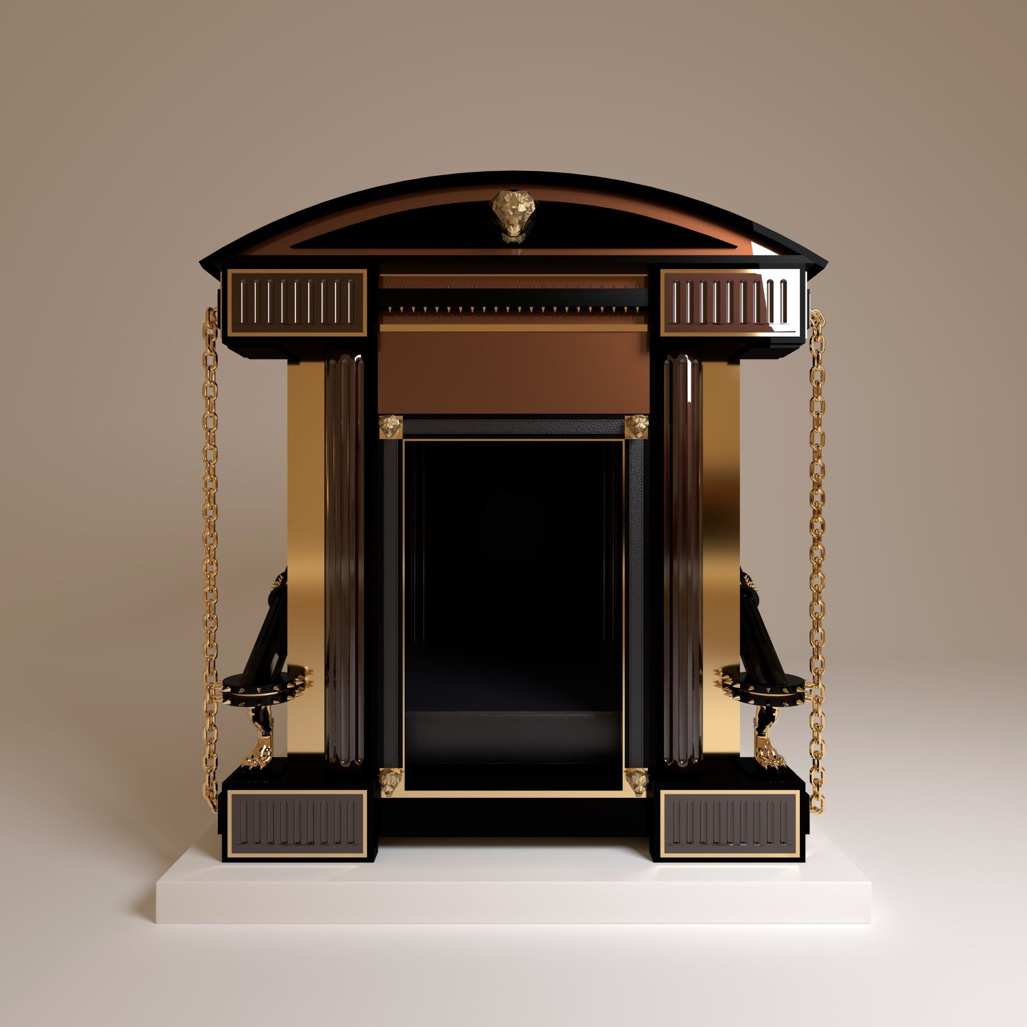 "Intricate entrance of the Sovereign Alcove showing the high-shine gloss dark earth texture and royal FUROAR 24k gold panther heads for a noble companion."