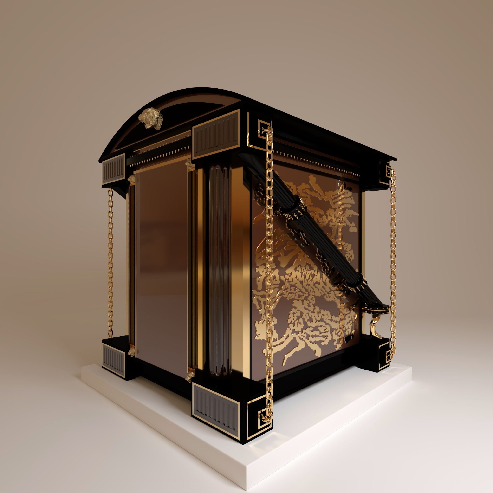 "Rear side view of inclined pillars, where gloss dark earth artisan finishes meet 24 carat gold plated studs for elite structural power and security."