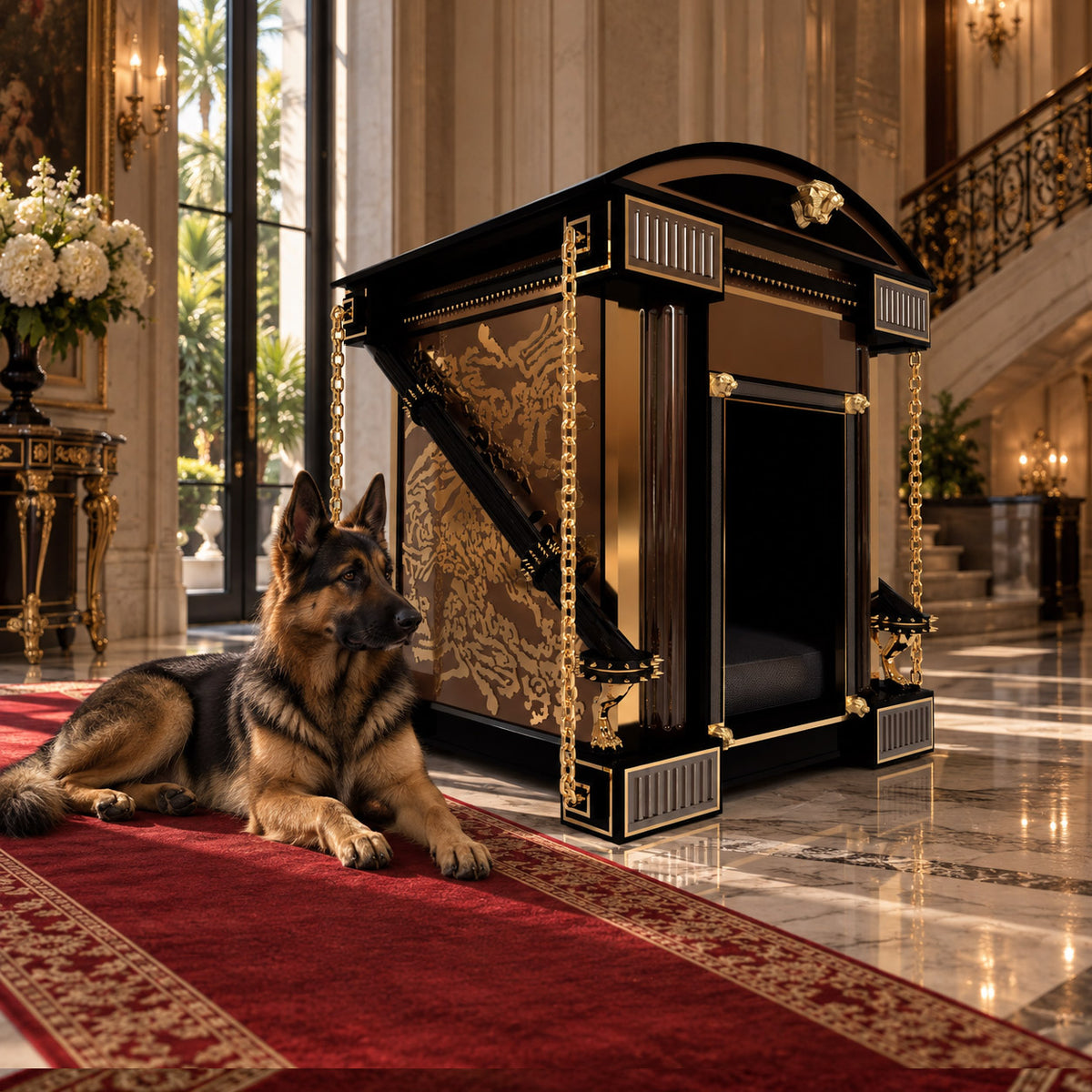 German Shepherd resting on a red carpet beside an opulent black, bronze and gold FUROAR luxury dog kennel, photographed in a grand marble interior with ornate architectural details and warm natural light.